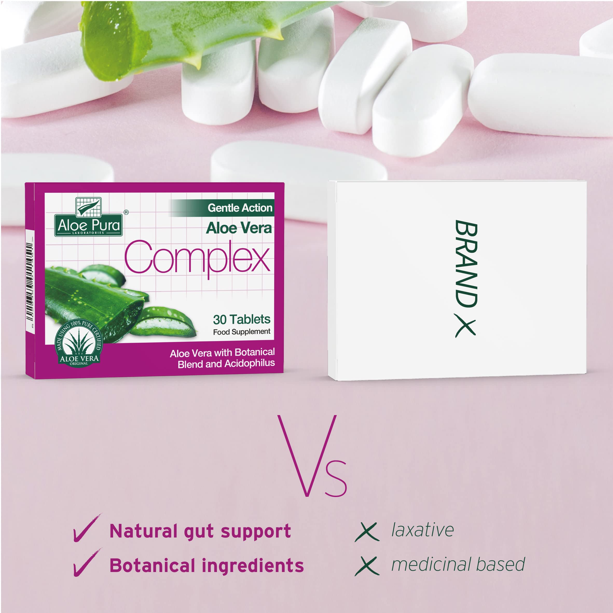 Aloe Pura Aloe Vera Gentle Action Complex Tablets - Natural Vegetarian Supplement, Cruelty-Free, 30 Count | Supports Digestive Health & Skin Wellness for Daily Detox