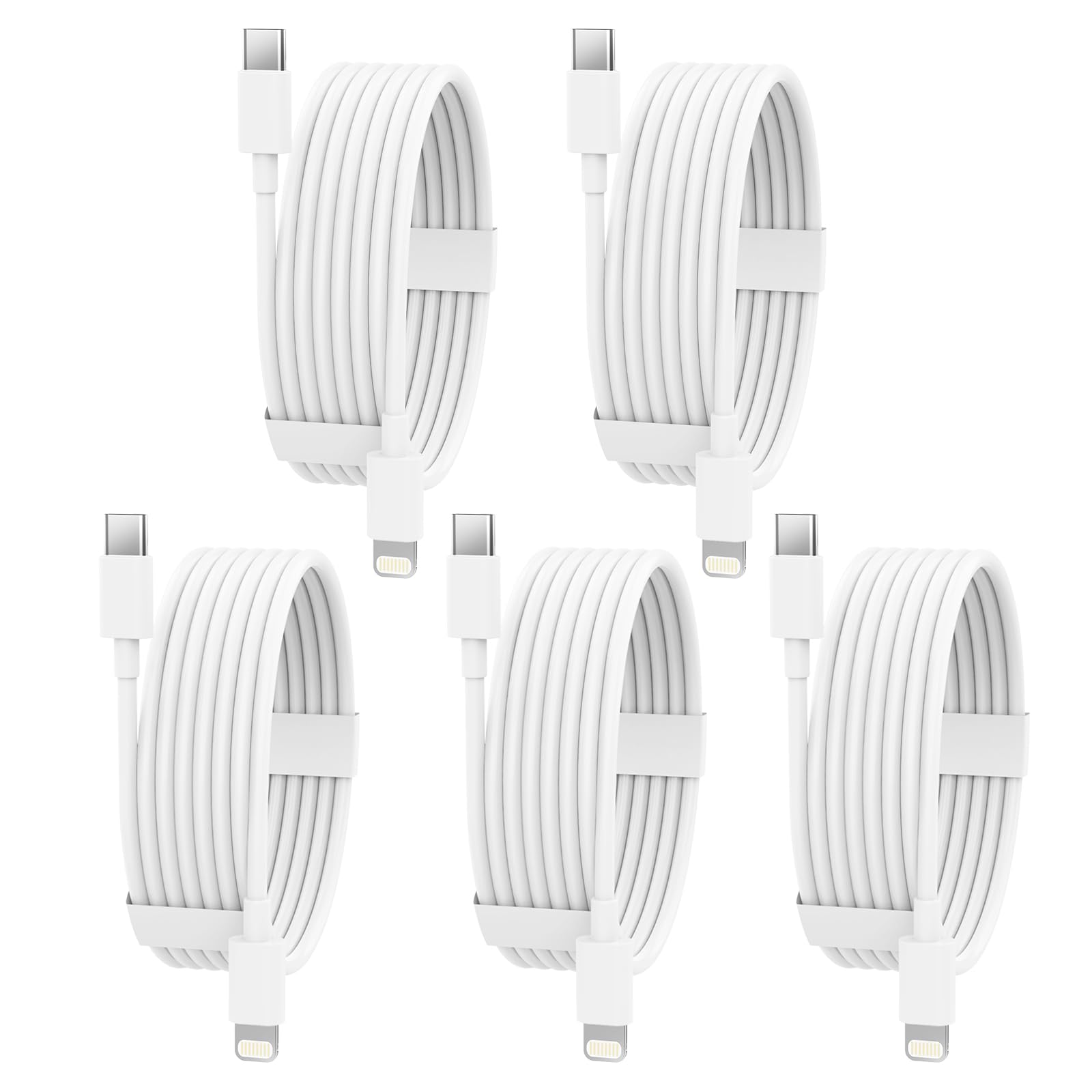 5-Pack 6FT USB C to Lightning Cable [Apple MFi Certified] Fast Charging Cable for iPhone 14/13/12/11 Pro Max/Xr/Xs/8 & More - White - Perfect for Home, Office & Travel Charging