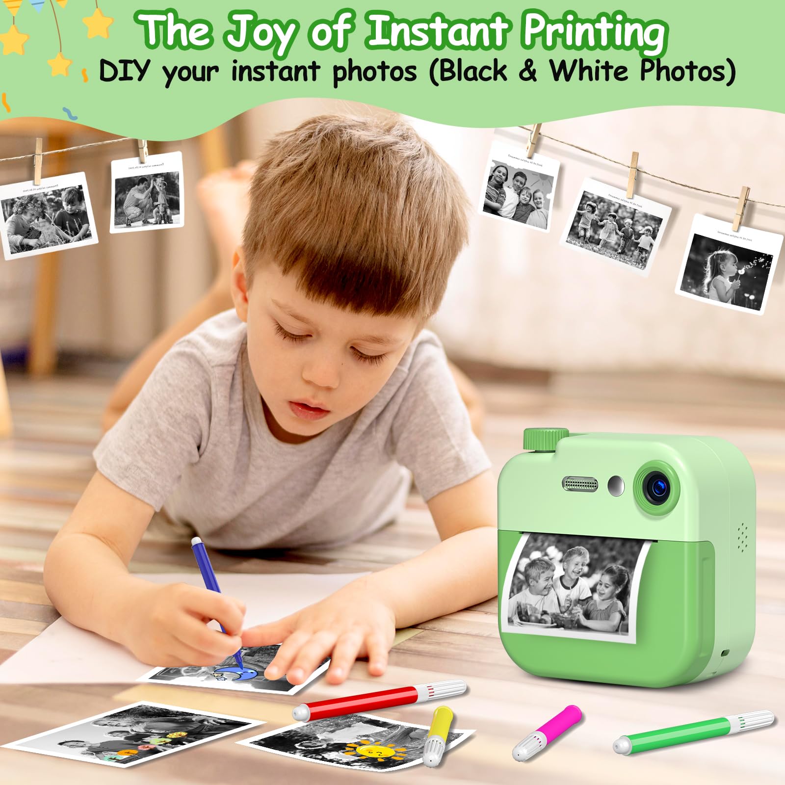 GREENKINDER 1080P HD 2.4 Inch Kids Instant Digital Camera with 32GB Memory Card, Print & Draw Kit - Best Birthday Gift for Boys & Girls Ages 3-12 - Perfect for Parties, Travel & Creative Learning