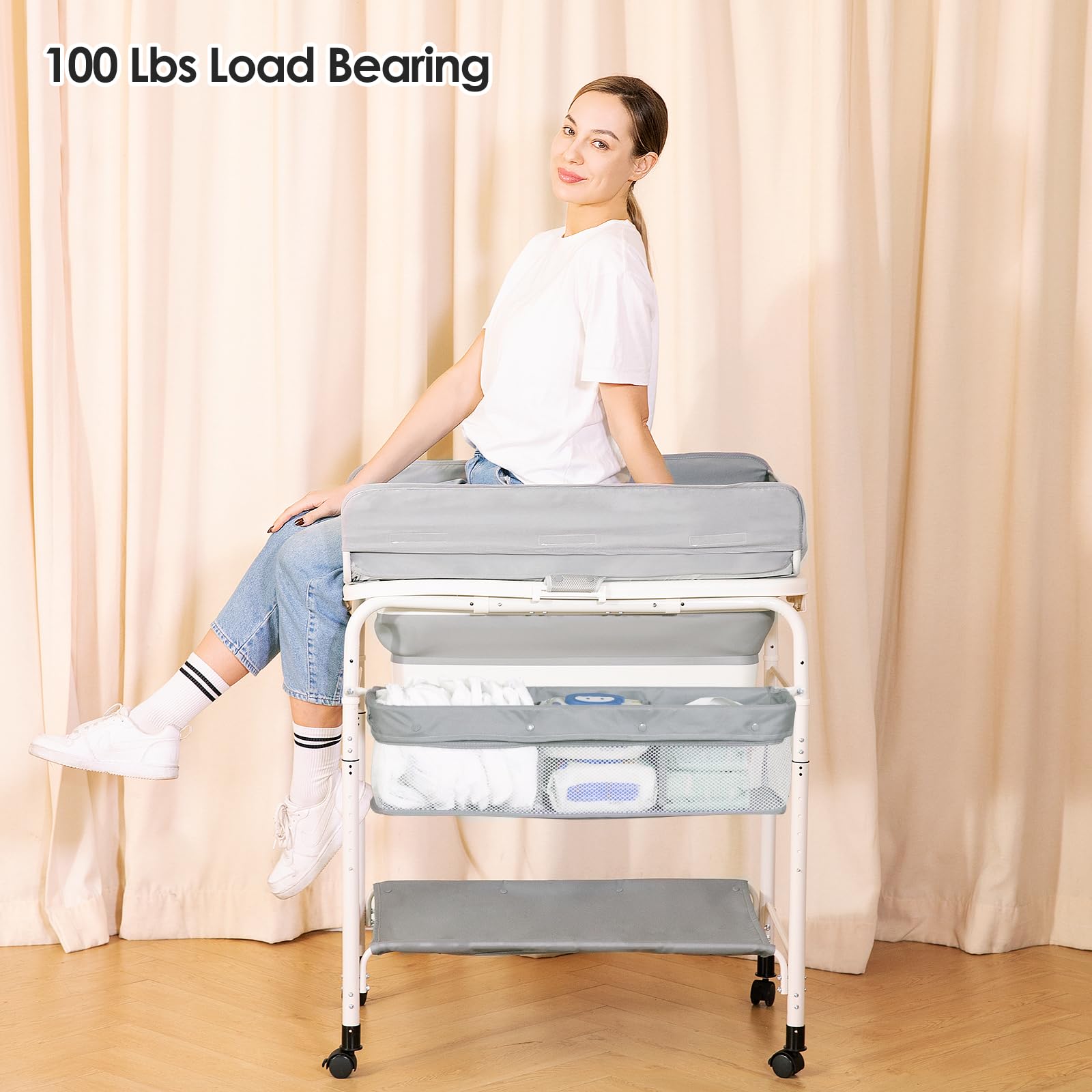 2-in-1 Portable Baby Changing Table with Bathtub | Foldable Diaper Changing Station with Wheels | Height Adjustable for Newborns & Infants | Perfect for Nursery, Travel & Bath Time Convenience