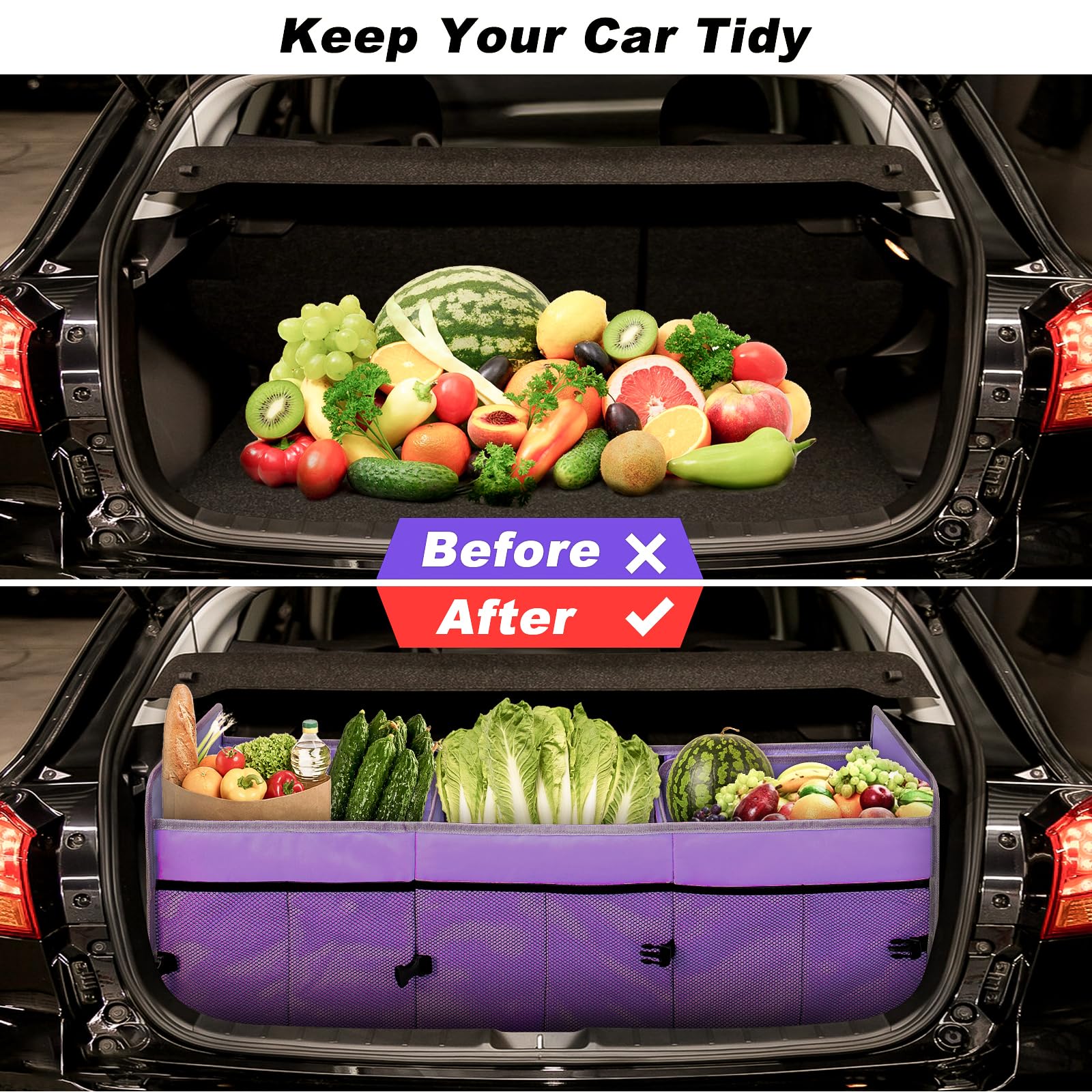 Collapsible 3-Compartment Car Trunk Organizer with Cooler Bag - Foldable SUV Storage Solution for Road Trips, Groceries & Sports Gear (Purple)