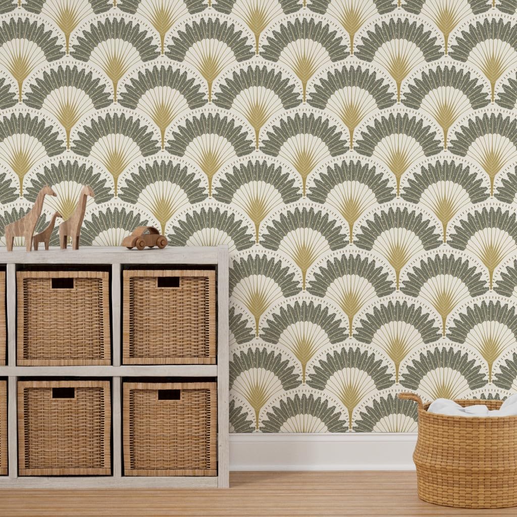 Peel & Stick Removable Wallpaper 3ft x 2ft - Neutral Botanicals with Palms & Art Deco Fans | Trendy Custom Wallpaper by Spoonflower | Perfect for Bedroom, Living Room & Home Office Decor