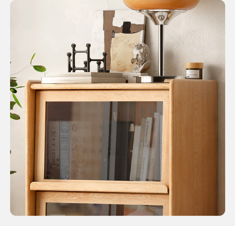 Solid Oak and Ash Wood Flip Door Side Cabinet with LED Lighting - Perfect for Living Room, Bedroom, or Office Storage and Display