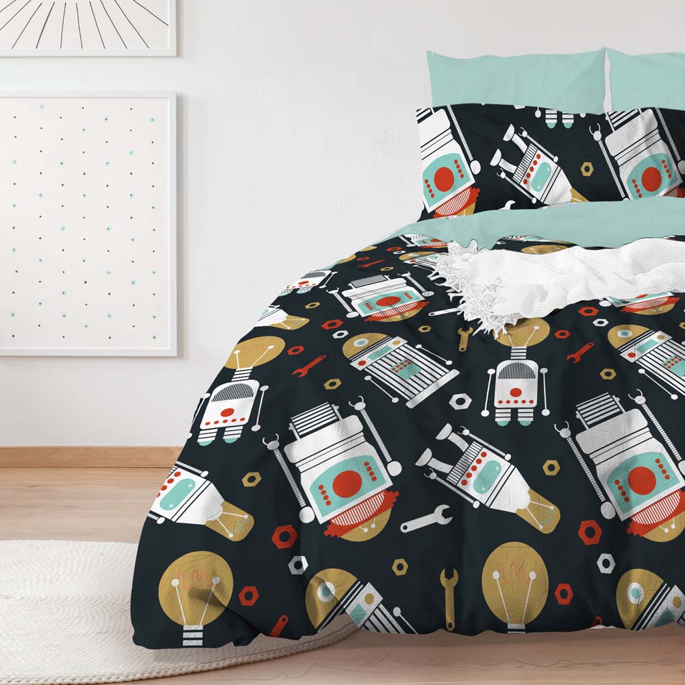 Glow Robo Navy Blue Quilt Cover Set for Single Bed - Soft & Stylish Bedding for Kids & Teens Rooms, Dorm Decor, Modern Home