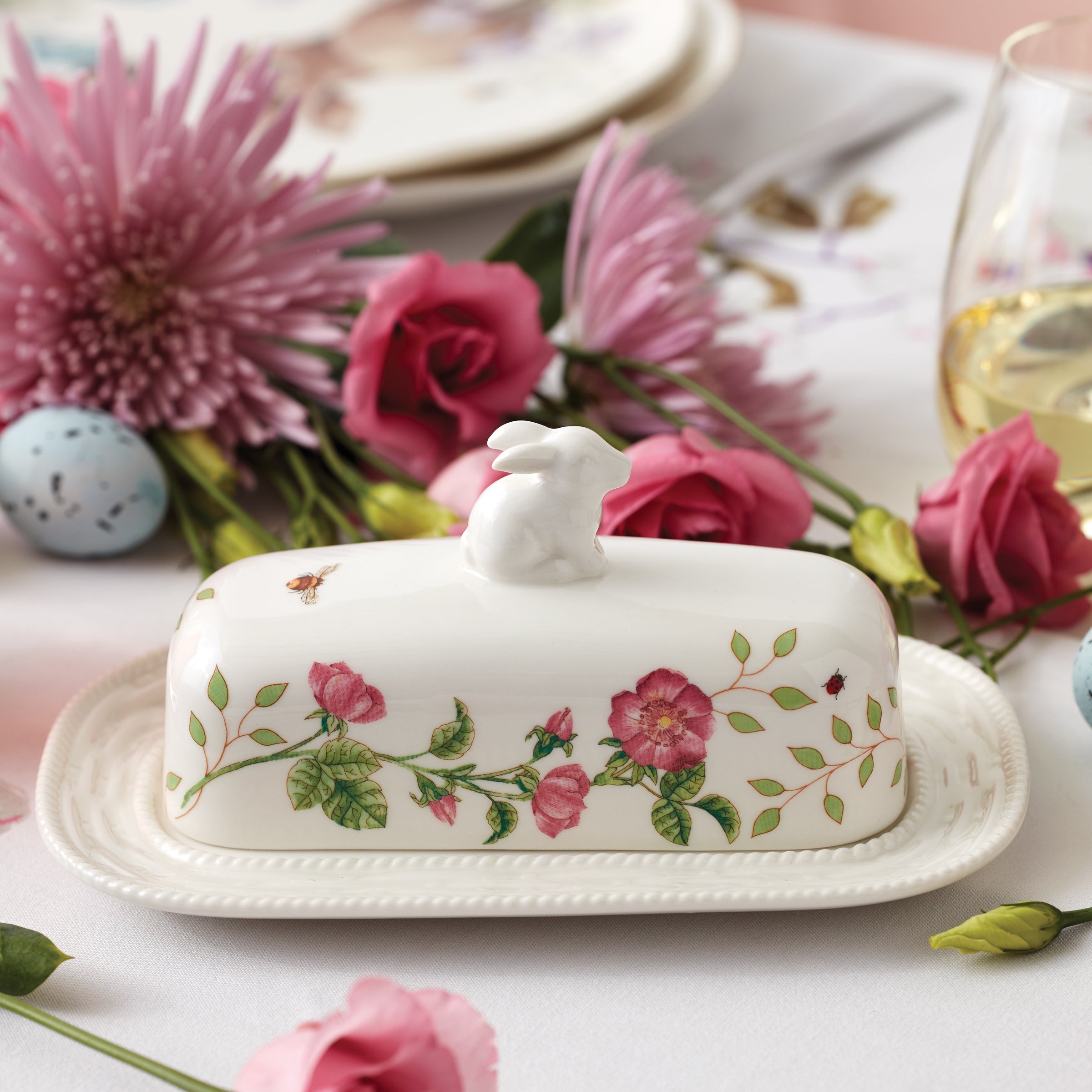 Butterfly Meadow Bunny Covered Butter Dish - Cute Ceramic Butter Keeper with Lid for Kitchen, Dining Table, and Party Decor - Perfect for Home, Restaurants, and Gift Giving