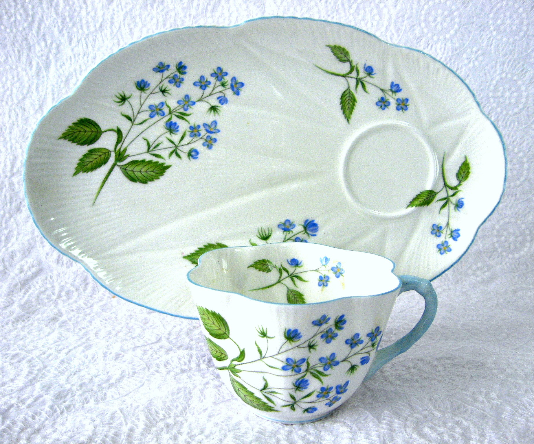 Elegant Shelley Dainty American Brooklime Snack Set - Porcelain Cup, Saucer & Fitted Plate for Afternoon Tea, Buffet Parties & Vintage Tableware Collections