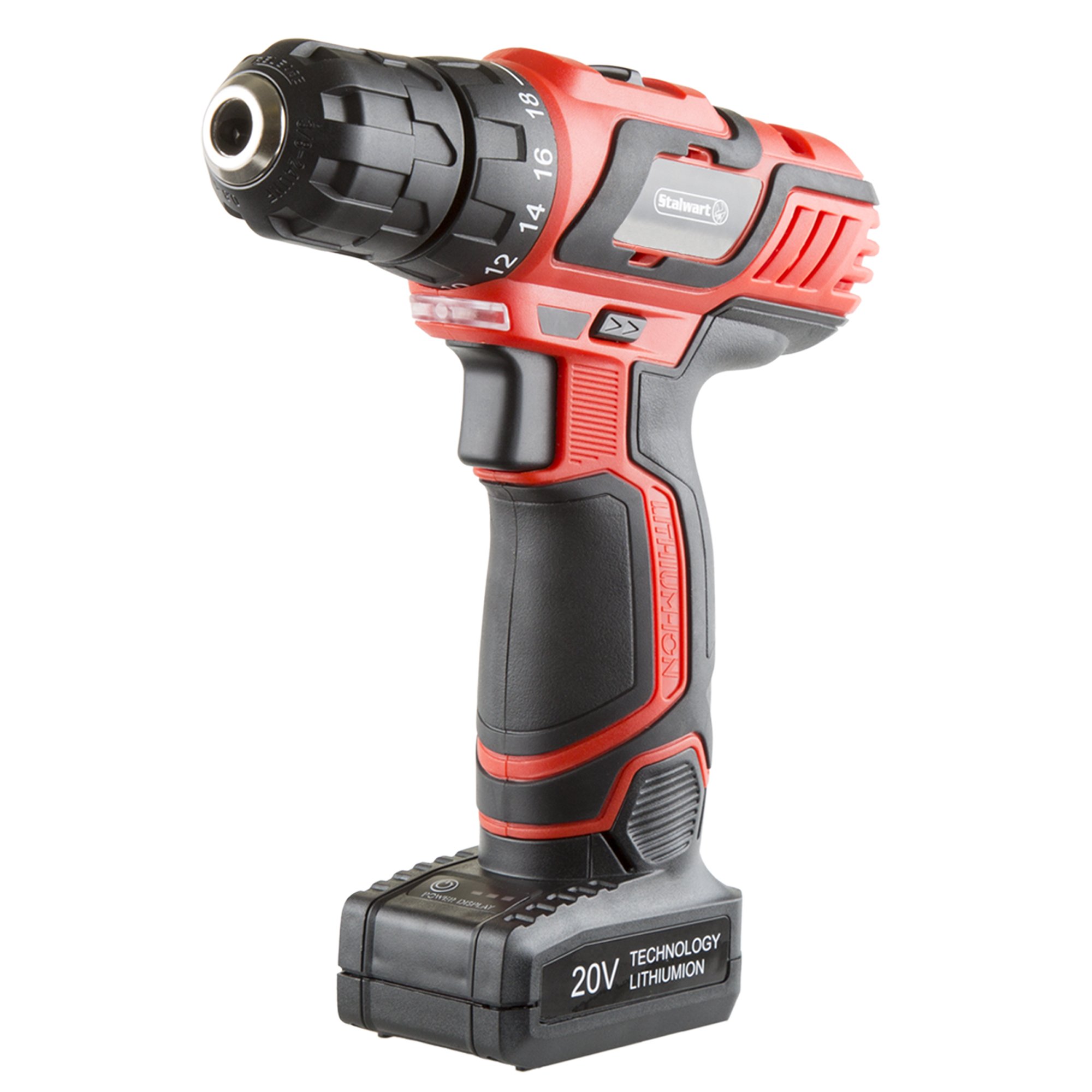 65-Piece Cordless Drill and Accessory Kit with Rechargeable Battery, Flashlight, Drill Bit Set & Sockets - Stalwart Power Tools (Red) - Perfect for DIY Home Improvement, Woodworking, and Professional Construction Projects