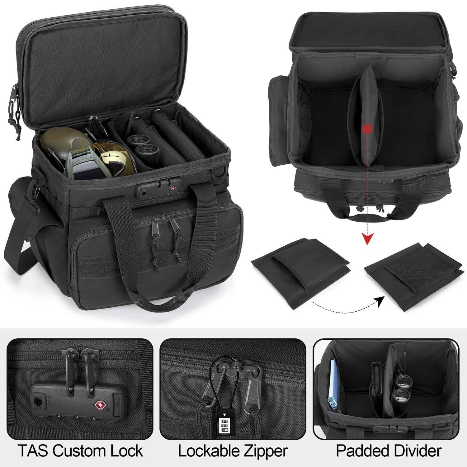 Tactical Gun Range Bag with 3 Pistol Capacity & TSA Lock - Duffle Bag with 2 Pistol Cases & 12 Magazine Slots - Multi-Pocket Shooting Gear Organizer for Hunting, Range Training & Airsoft - Durable Black Range Bag for Firearm Storage & Transport