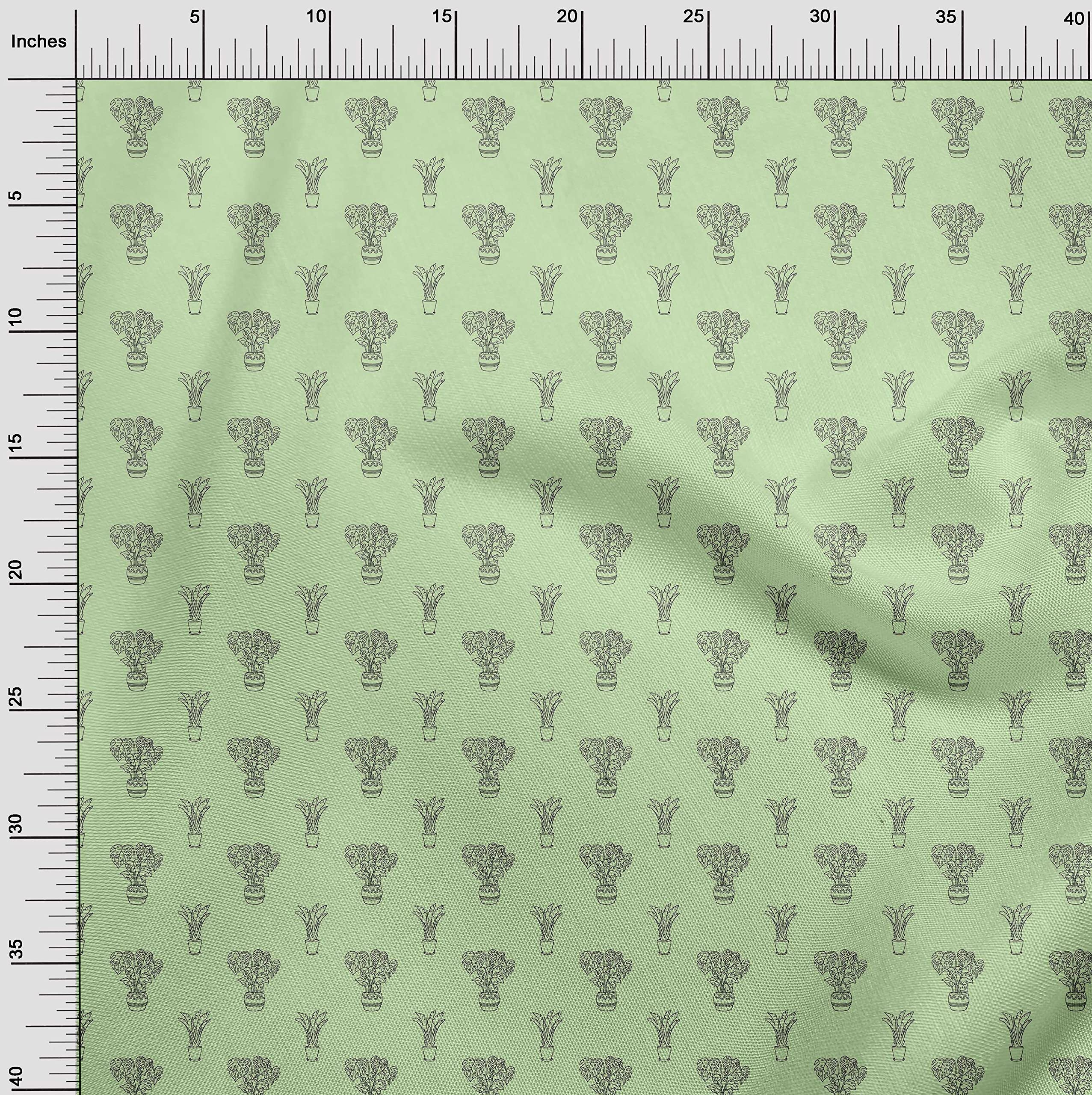 oneOone Polyester Spandex Light Green House Plants Printed Fabric - 56 Inch Wide for Sewing, DIY Crafts, Upholstery & Home Decor Projects