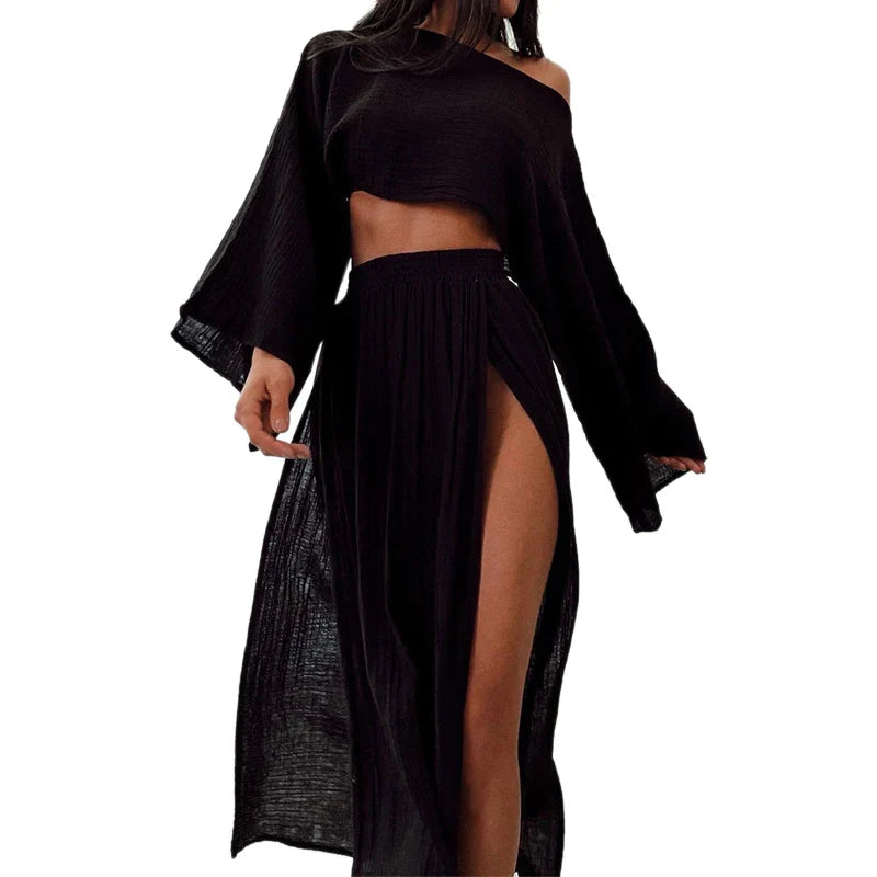 Stylish Women's Linen 2-Piece Set - Crop Top & High Waist Slit Maxi Skirt | Summer Beach Cover Up, Lounge Wear & Vacation Outfit | Breathable Linen Fabric for Casual, Boho & Date Night Looks