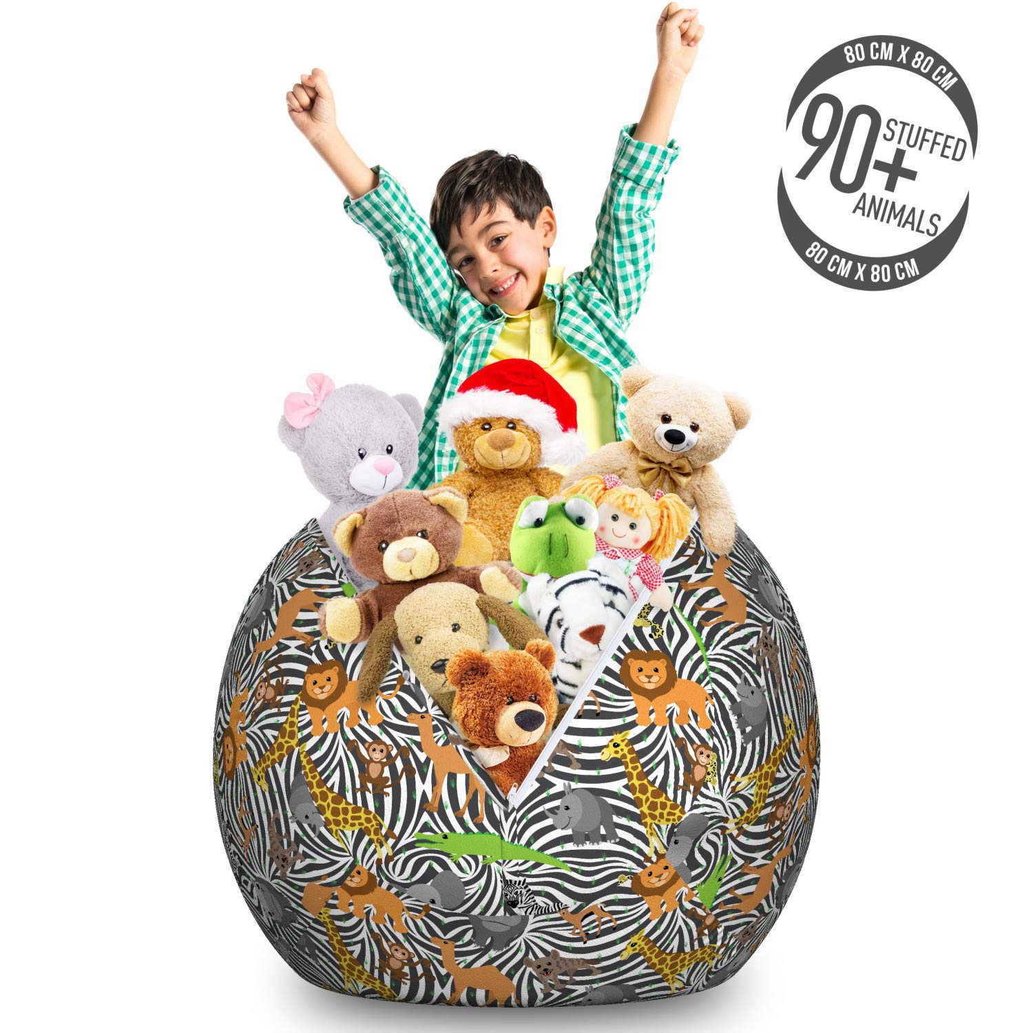 Lunarable Alligator Print Storage Toy Bag Chair - Large Washable Stuffed Animal Organizer with Zebra Skin Backdrop & Tiger Camel Monkey Design - Perfect for Kids' Room, Nursery, Playroom & Toy Storage Organization