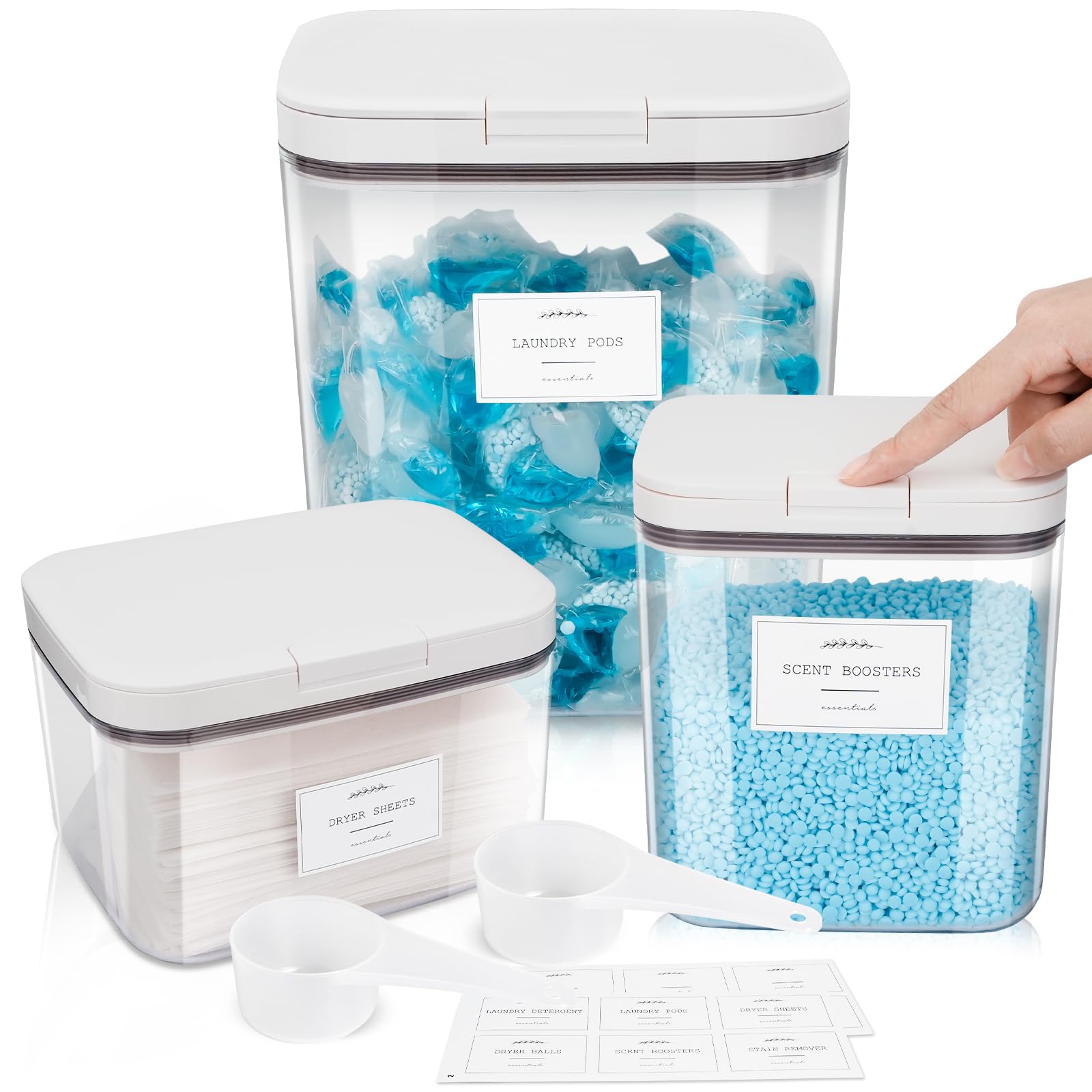 3 Pack Airtight Laundry Powder Containers & Dryer Sheet Holder with Lids & Labels - Laundry Room Organization Storage Jars for Pods, Scent Beads, Detergent Balls - Perfect for Laundry Room, Closet & Home Organization