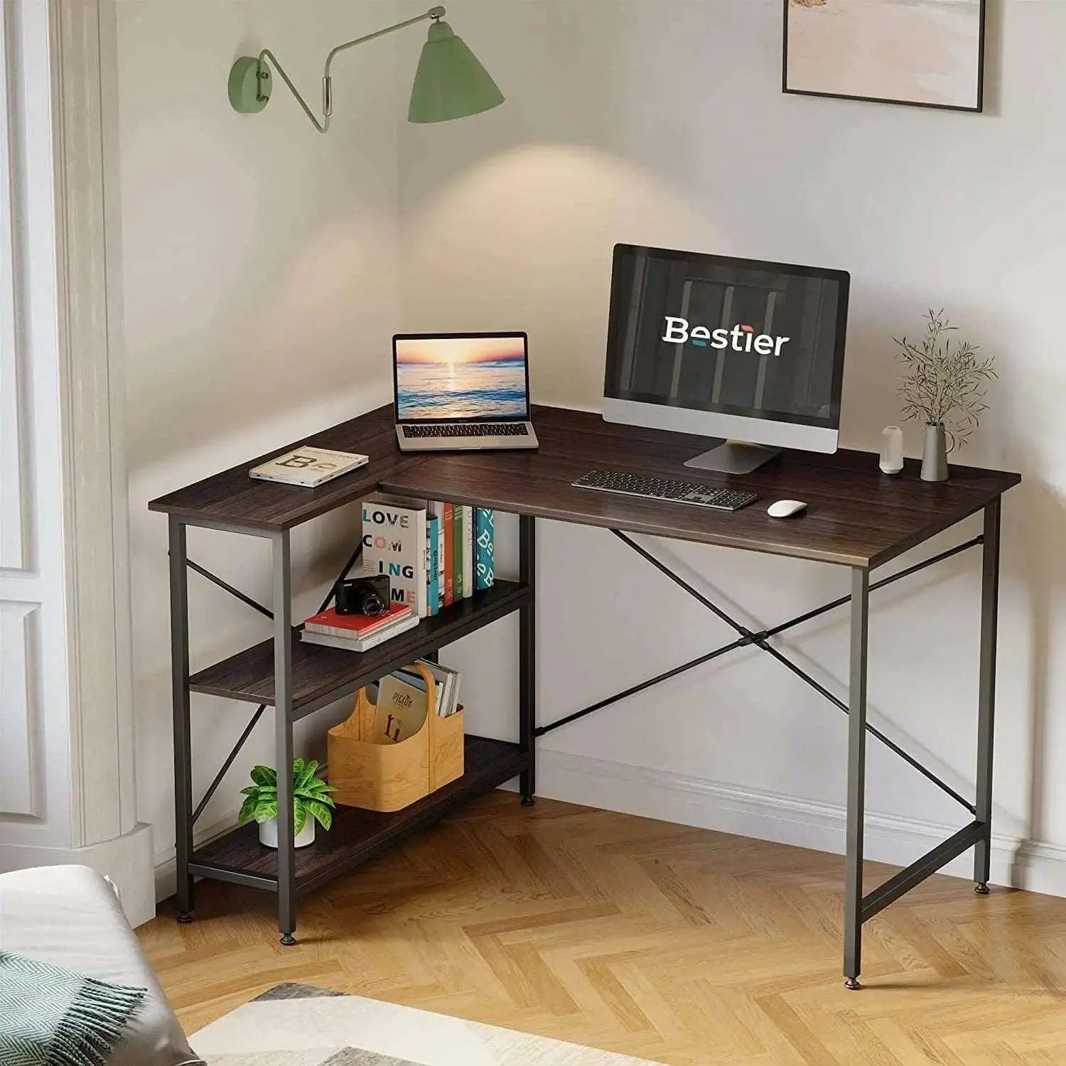 Bestier Small L-Shaped Desk with Reversible Shelves - Compact Home Office Desk for Small Spaces | Perfect for Gaming, Study & Remote Work
