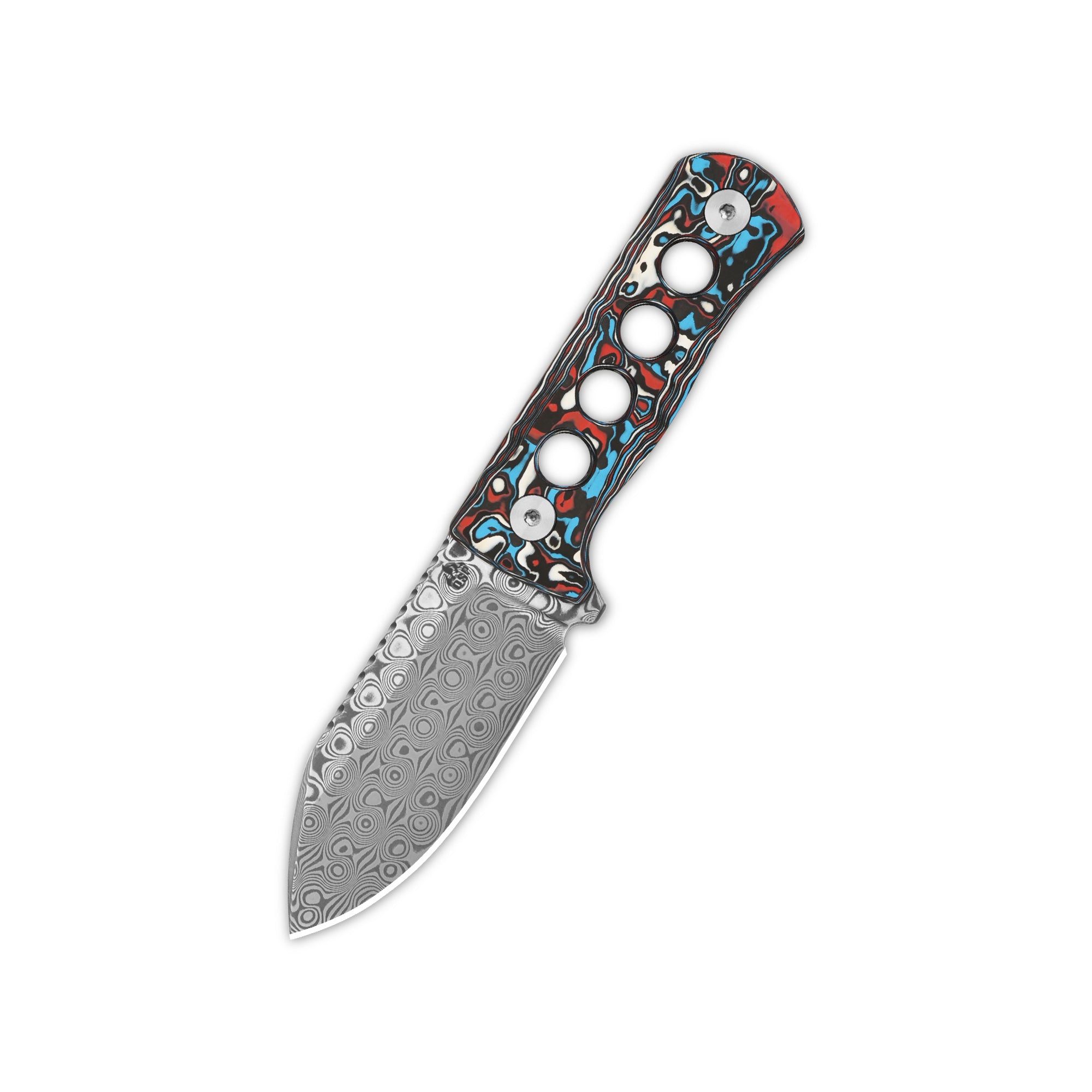 QSP Canary Neck Knife - Laminated Damascus Steel Blade with Camo Carbon Fiber Handle - Compact EDC Knife for Outdoor, Camping & Survival