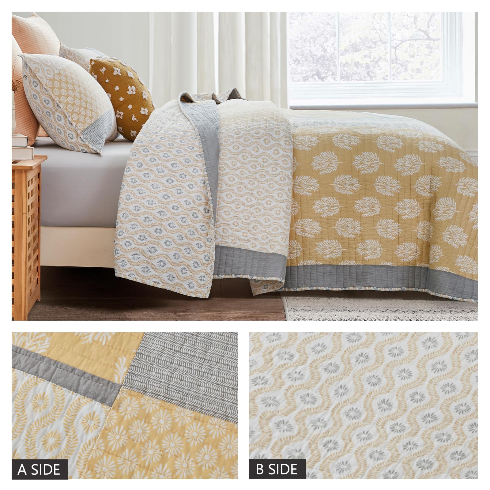 Finlonte Twin Quilt Set - 100% Cotton Reversible Farmhouse Bedspread in Yellow & Grey | Lightweight Patchwork Comforter for Twin Beds (2-Piece Set) | Perfect for Guest Rooms, Dormitories & Cozy Farmhouse Bedrooms