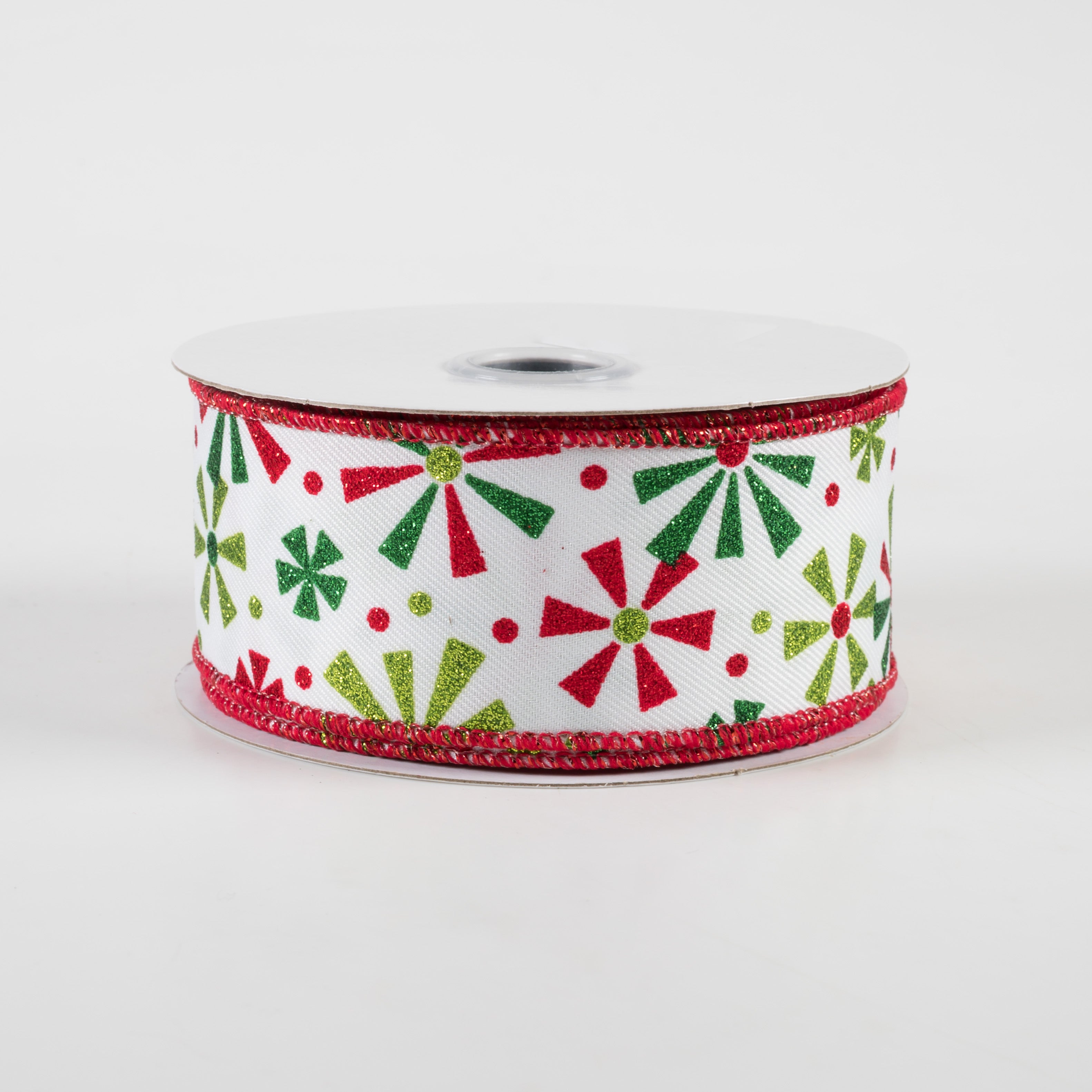 1.5 Inch Glitter Vintage Pinwheels Ribbon - White, Red, Emerald, Lime (10 Yards) - Perfect for Gift Wrapping, DIY Crafts, Party Decorations and Scrapbooking