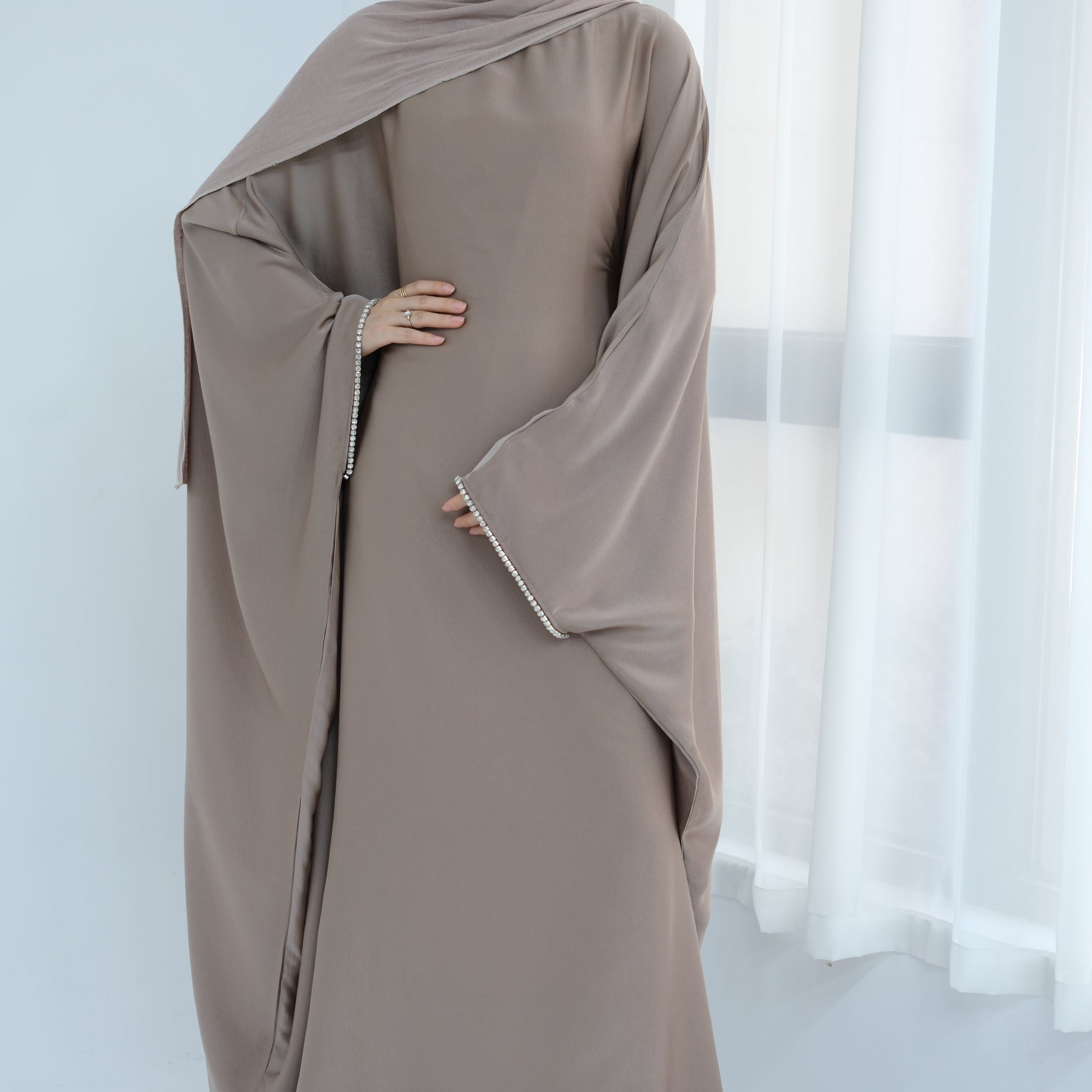 Davina Butterfly Satin Abaya - Elegant Muslim Prayer Dress for Women in Taupe | Perfect for Eid, Ramadan, and Special Occasions