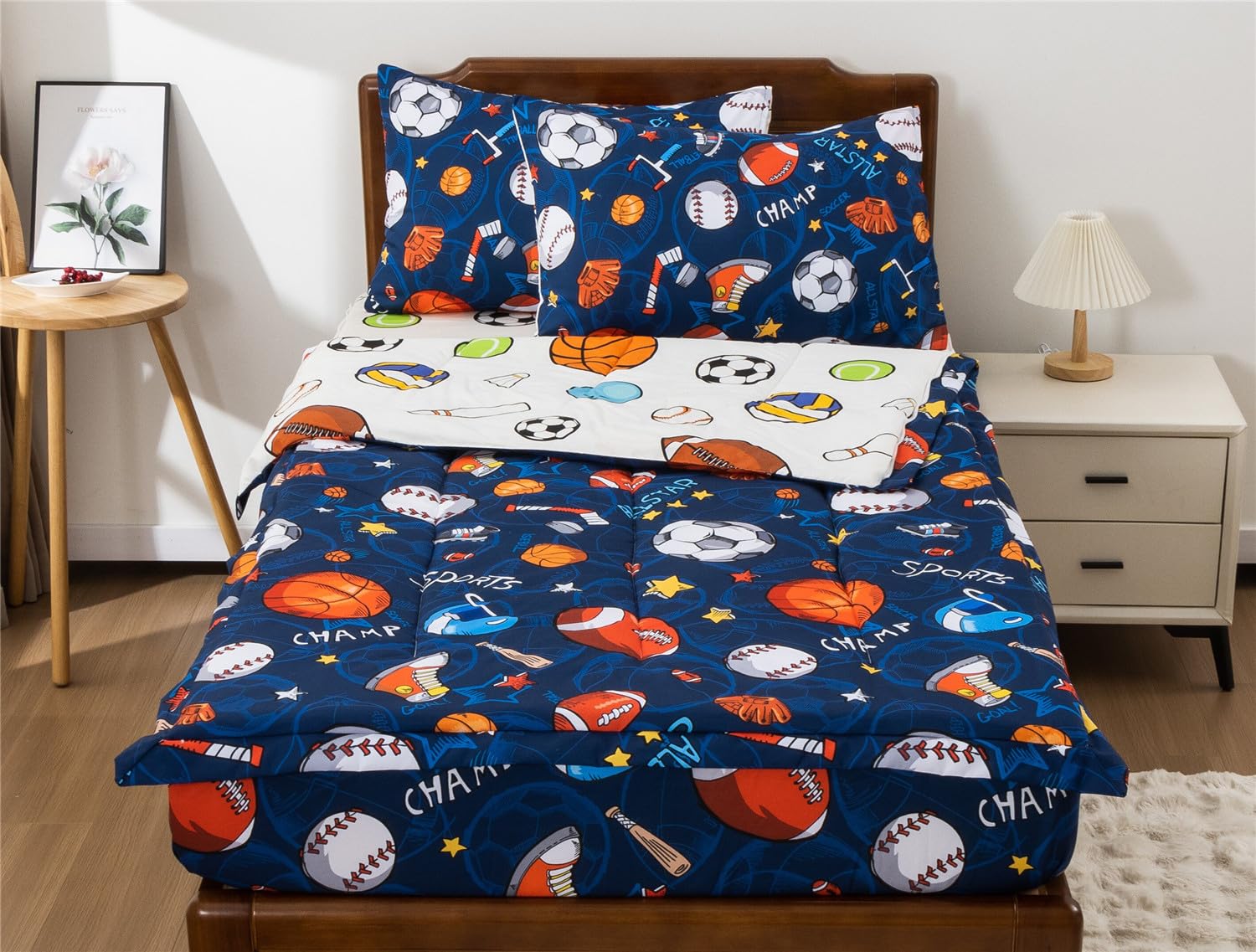 3-Piece Kids Comforter Set with Zipper - Twin Sports Bedding for Boys (Basketball, Football, Baseball Theme) - Navy Blue All-in-One Zippered Bedding Set - Perfect for Kids' Rooms, Dormitories & Sleepovers