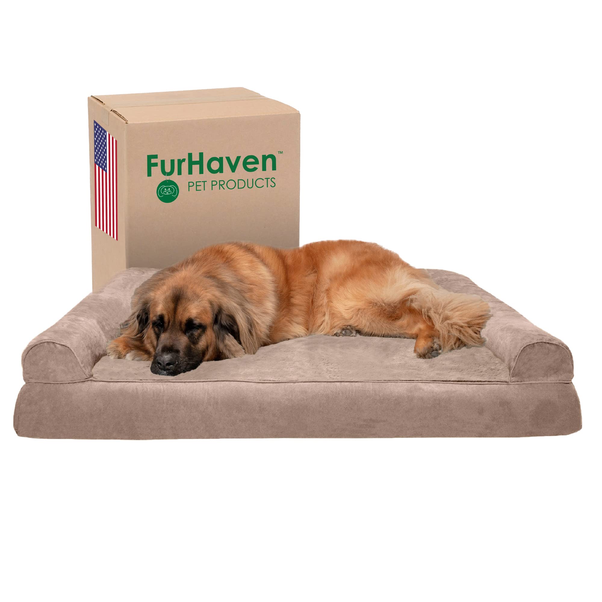 **Furhaven Orthopedic Dog Bed for Large Dogs - Removable Bolsters & Washable Cover - Plush & Suede Sofa - Supports Up to 125 lbs - Almondine, Jumbo Plus/XXL - Perfect for Arthritis & Joint Pain Relief - Ideal for Living Room, Bedroom & Pet-Friendly Spaces**