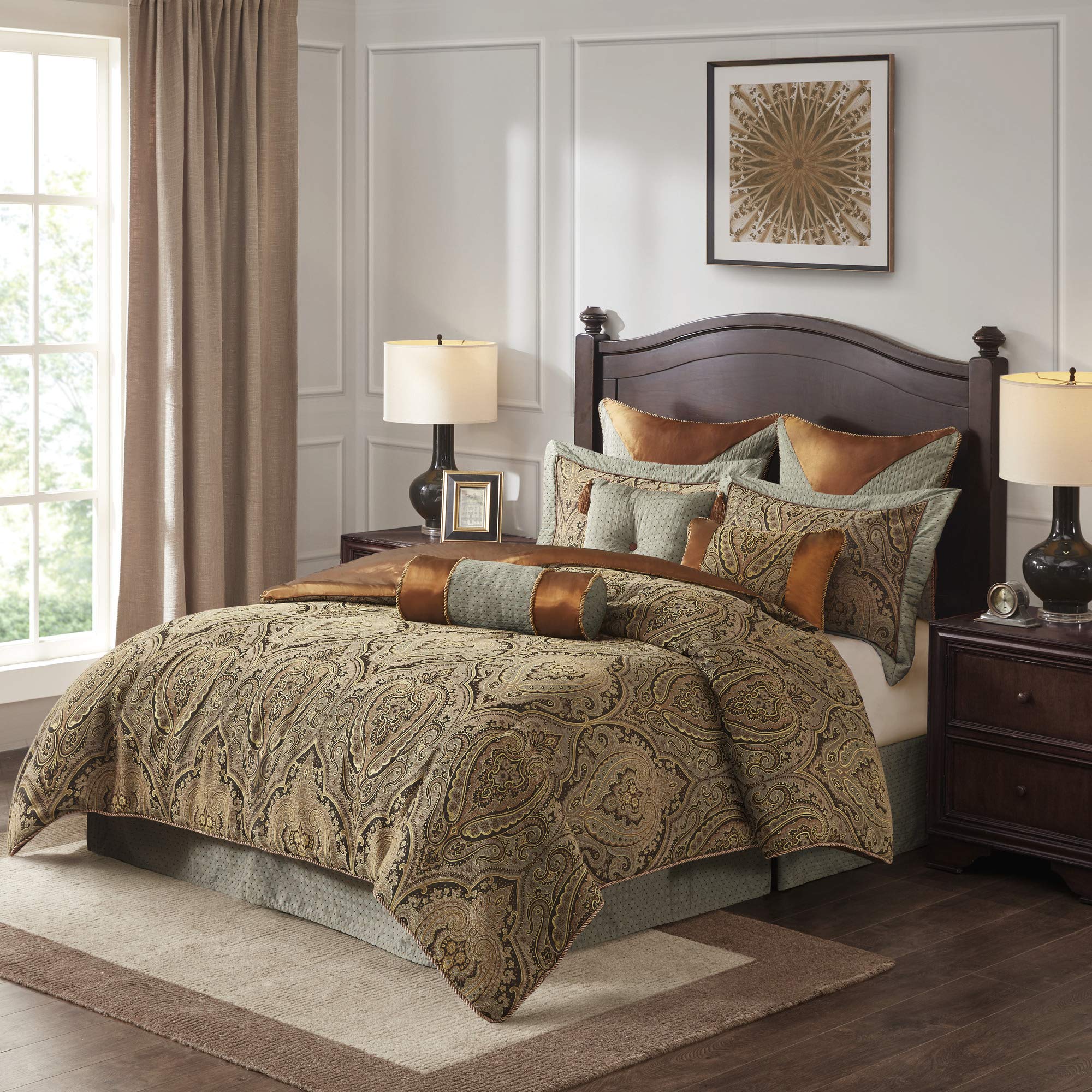 Hampton Hill King Size 10-Piece Bed in a Bag Comforter Set - 2-in-1 Duvet & Ultra Soft Microfiber Bedding in Teal & Brown Jacquard Medallion Damask Pattern | Perfect for Master Bedroom, Guest Room & Luxury Hotel Style Decor