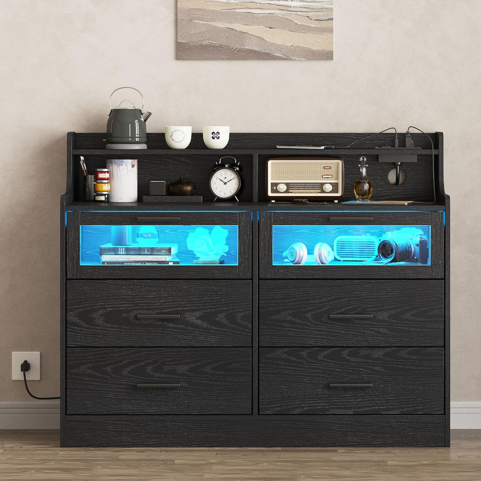 Modern Black 6-Drawer Dresser with LED Lights & Charging - Bedroom & Living Room Storage