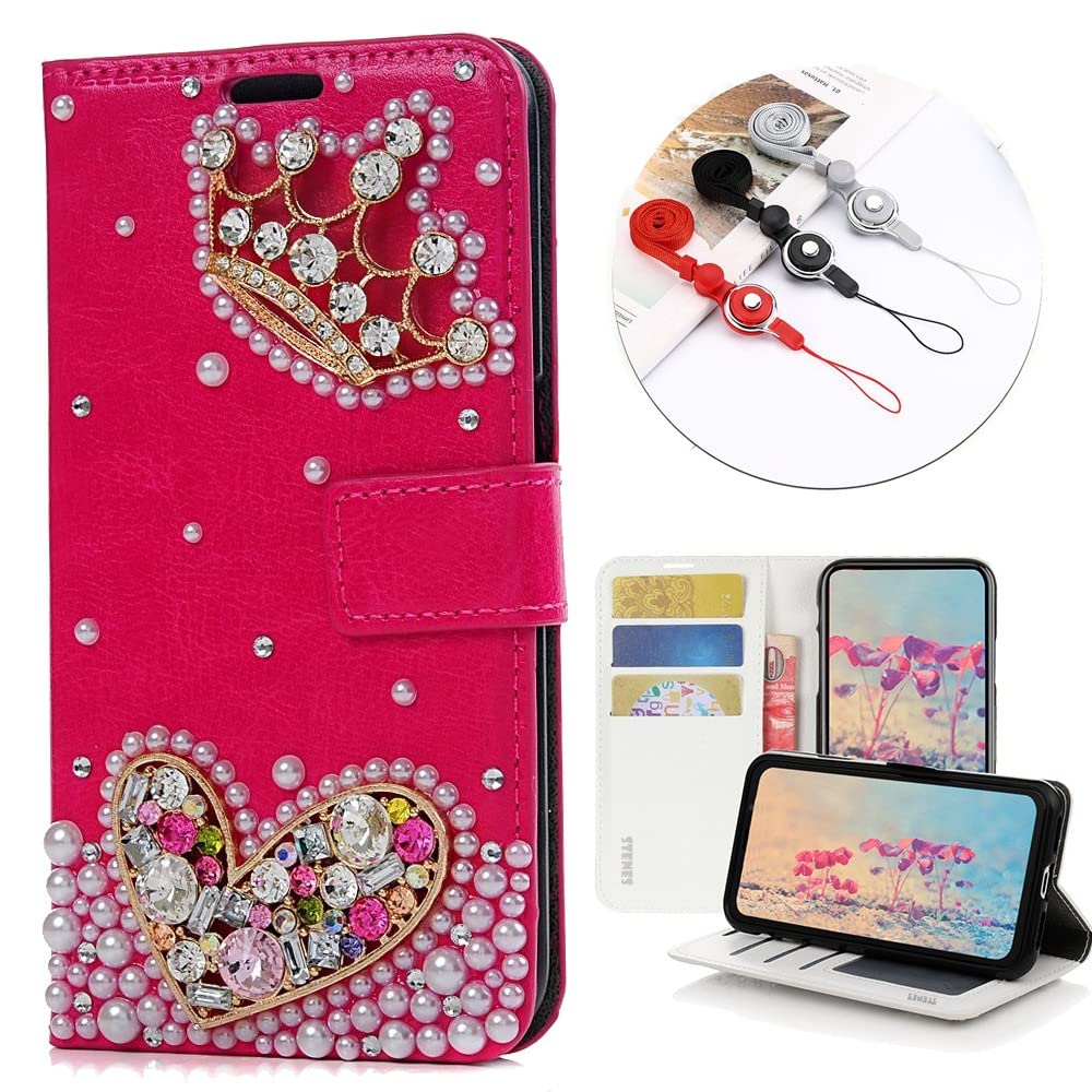 STENES Bling Wallet Phone Case for OnePlus 8 - 3D Handmade Crown Heart Design Leather Cover with Wrist Strap & Card Slots [3 Pack] - Fashionable Protective Case for Women - Perfect for Parties, Shopping and Daily Use