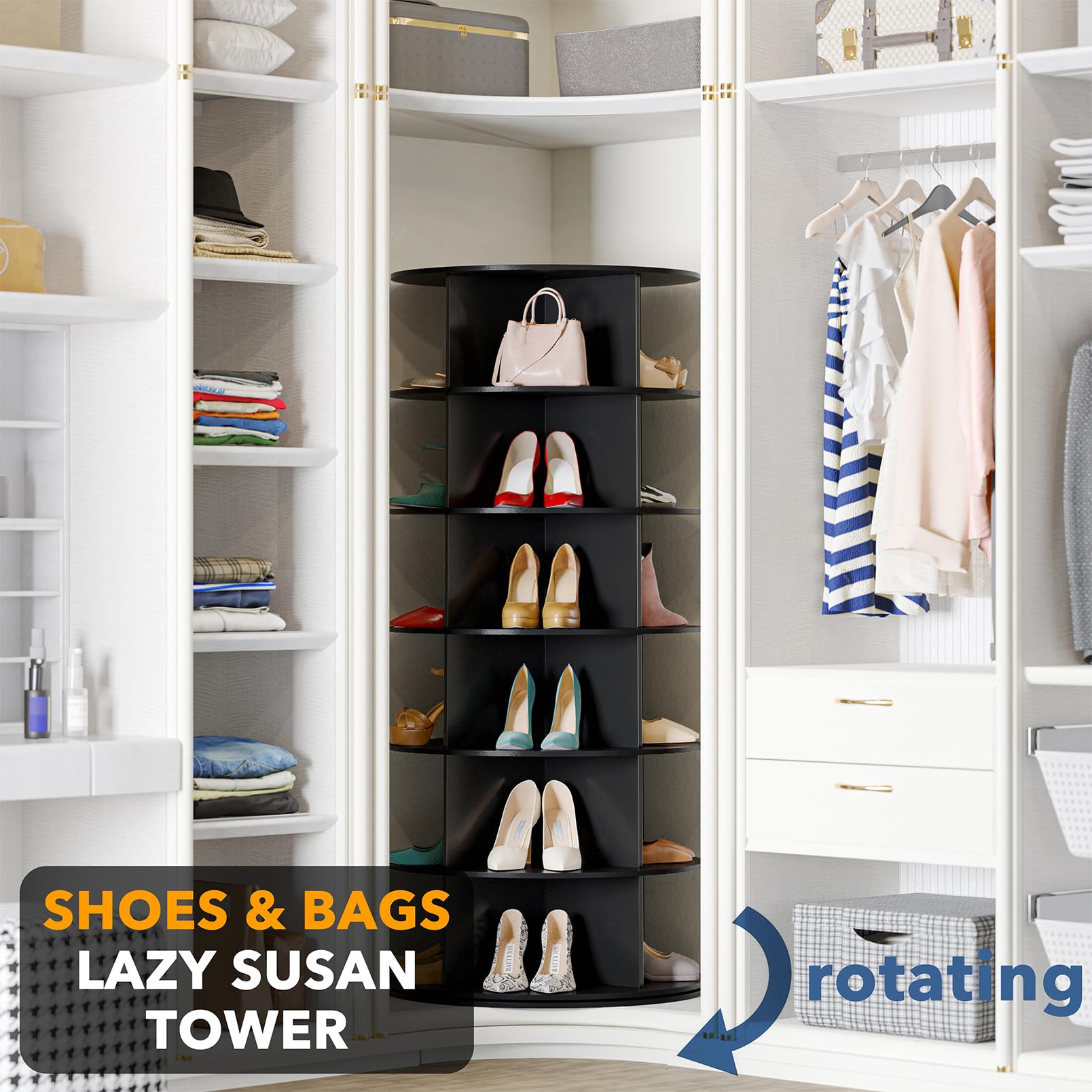 SpaceAid Black 6-Tier Spinning Shoe Rack Organizer - 360° Rotating Shoe Storage Tower with Lazy Susan Design for Closet, Entryway & Bedroom Organization | Perfect for Sneakers, Heels & Handbags Display