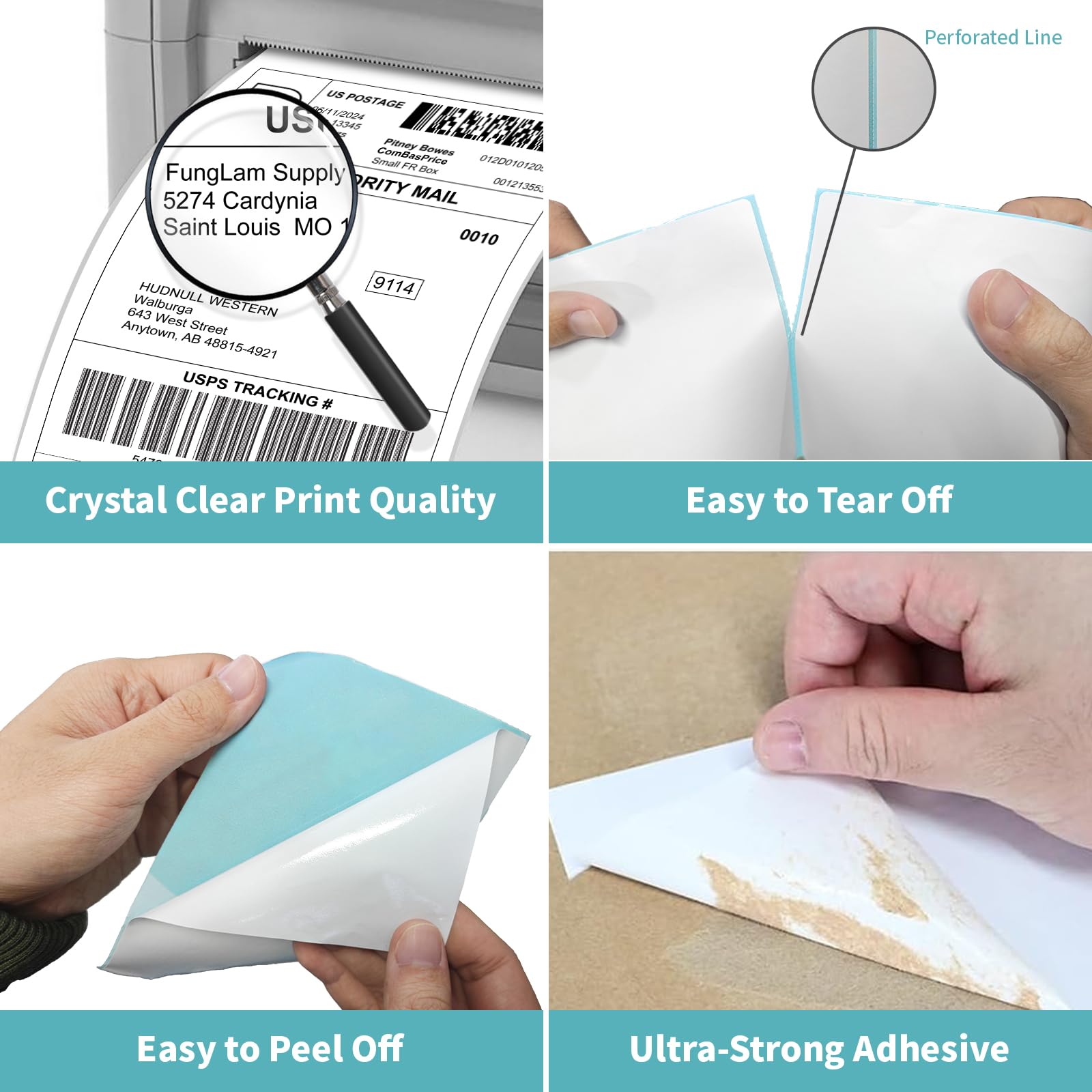 FungLam 2 Rolls 4x6 Direct Thermal Printer Labels - 500 Shipping Labels Compatible with Zebra & Rollo Label Printers | Perforated Postage Thermal Labels with Permanent Adhesive (250 Labels/Roll) - Ideal for E-commerce Shipping, Package Labeling & Logistics