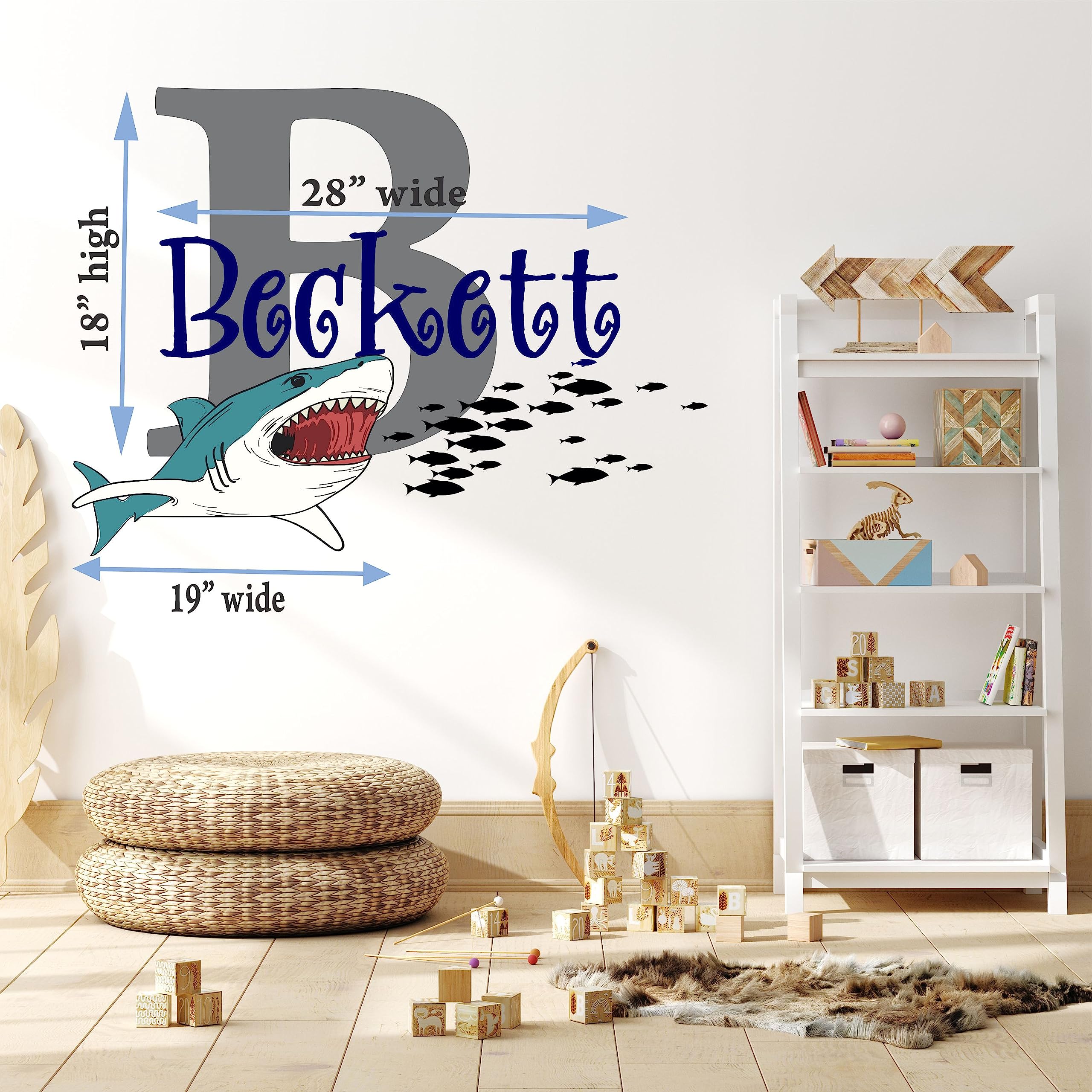 Personalized Boys Nursery Great White Shark Wall Decal - Custom Name & Initial Vinyl Wall Stickers for Kids Room Decor (Large Size) - Perfect for Shark Themed Bedrooms, Playrooms & Birthday Party Decorations