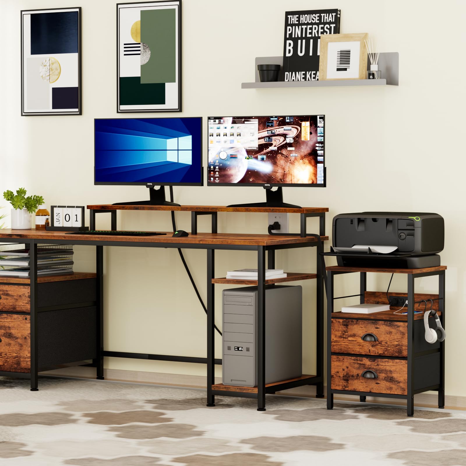 Furologee Nightstand Set of 2 - Rustic Brown Bedside Tables with Charging Station, USB Ports, 2 Fabric Drawers & Storage Shelf - Perfect for Bedroom, Living Room, or Guest Room - Ideal for Organizing Books, Lamps, and Charging Devices