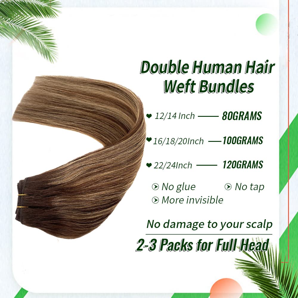 24 Inch Sew in Weft Hair Extensions - 100% Human Hair with Blonde Highlights (Brown to Golden Brown) | Remy Hand-Tied 120g Weft for Volume & Length | Perfect for Weddings, Parties & Daily Styling