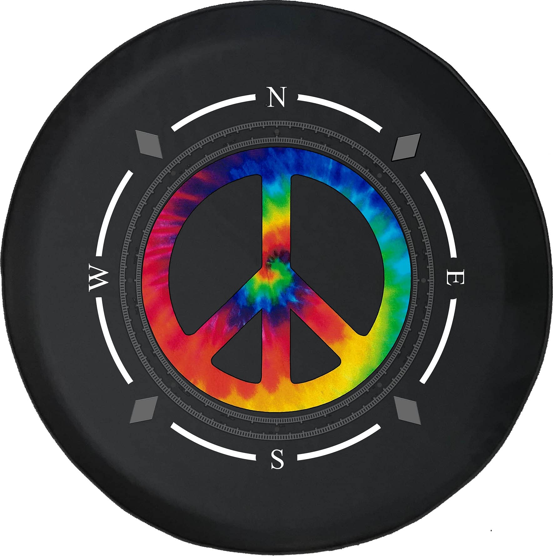 American Unlimited Spare Tire Cover with Compass & Tie-Dye Peace Sign - Hippie Style Wheel Cover for SUV, Trailer, RV Accessories - Fits Most Vehicles - Perfect for Road Trips & Outdoor Adventures