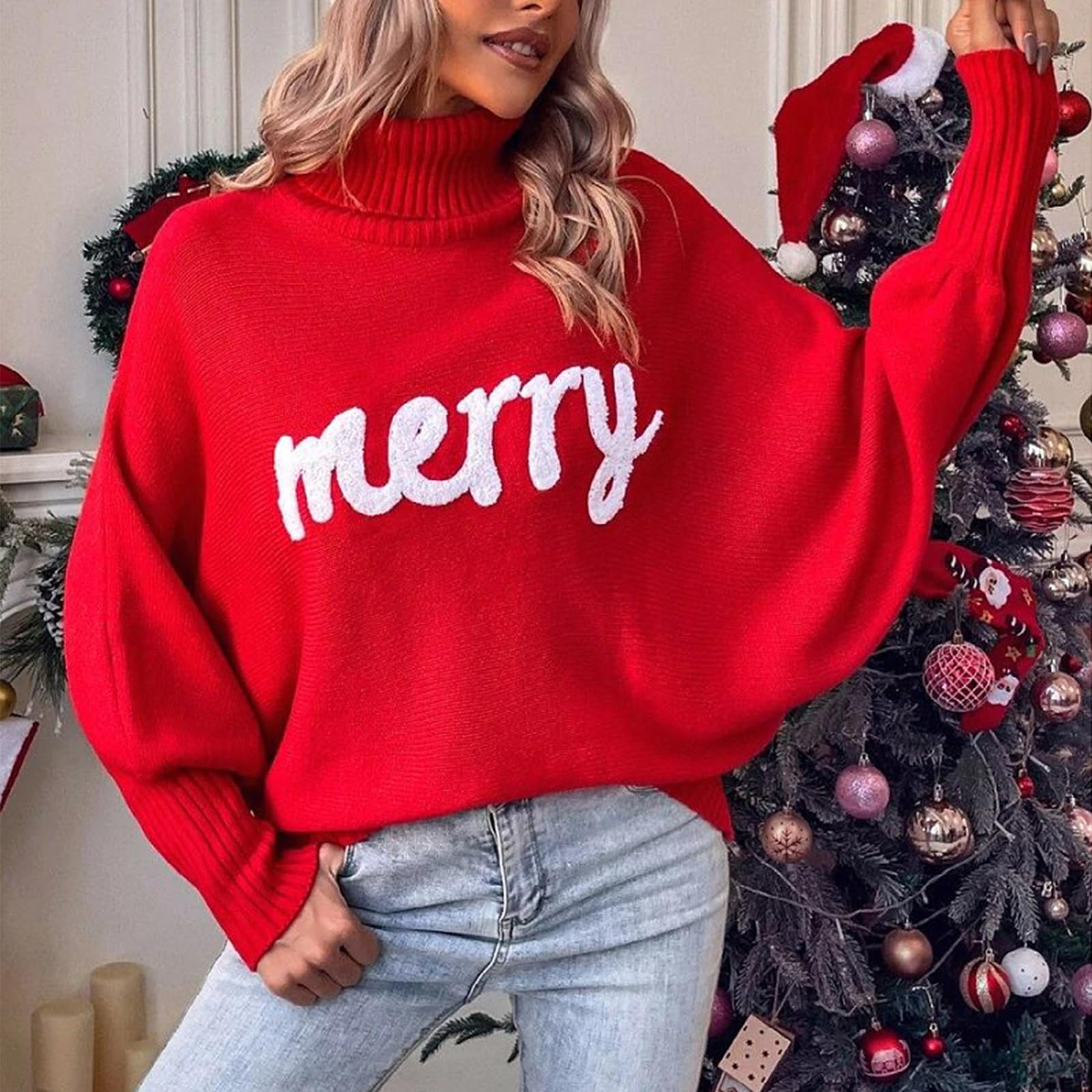 Muineobuka Women's Merry Christmas Sweater - Turtleneck Long Sleeve Loose Knit Pullover with Letter Print | Holiday Party, Family Gathering, Winter Outfit Fashion