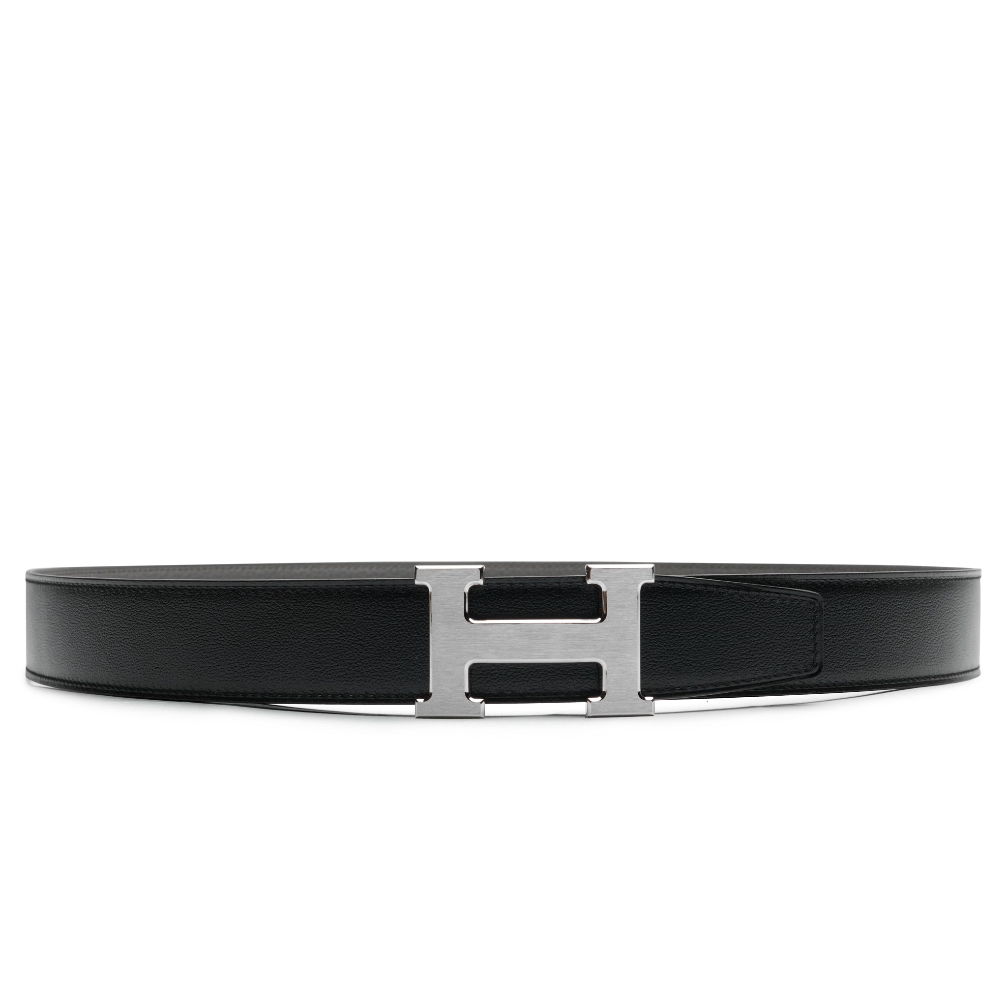 Hermès Paris H Buckle Reversible Leather Belt 32mm Black & Étain - Luxury Unisex Fashion Accessory for Office & Casual Wear