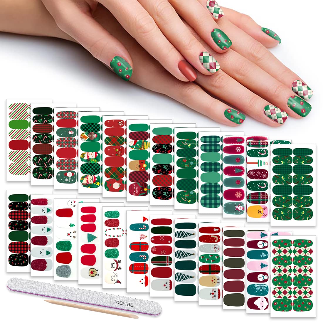 336-Piece Christmas Nail Stickers Kit - 24 Sheets Full Nail Wraps with Adhesive, Nail Art Decals & Polish Strips for Women - Includes Nail File & Cuticle Stick (Trend Series) - Perfect for Holiday Parties, Gift Giving & DIY Nail Designs