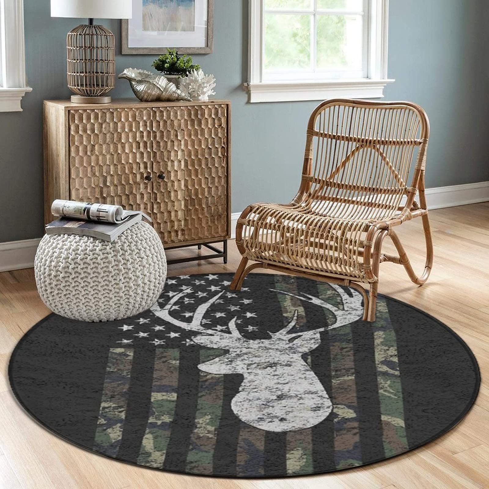 SWEET TANG Soft Round Area Rug Play Mat - 24 Inch Circle Floor Carpet for Bedroom, Living Room & Nursery Decor | Deer Camo Camouflage American Flag Hunting Design - Perfect for Kids Play Area, Home Decor & Cozy Spaces