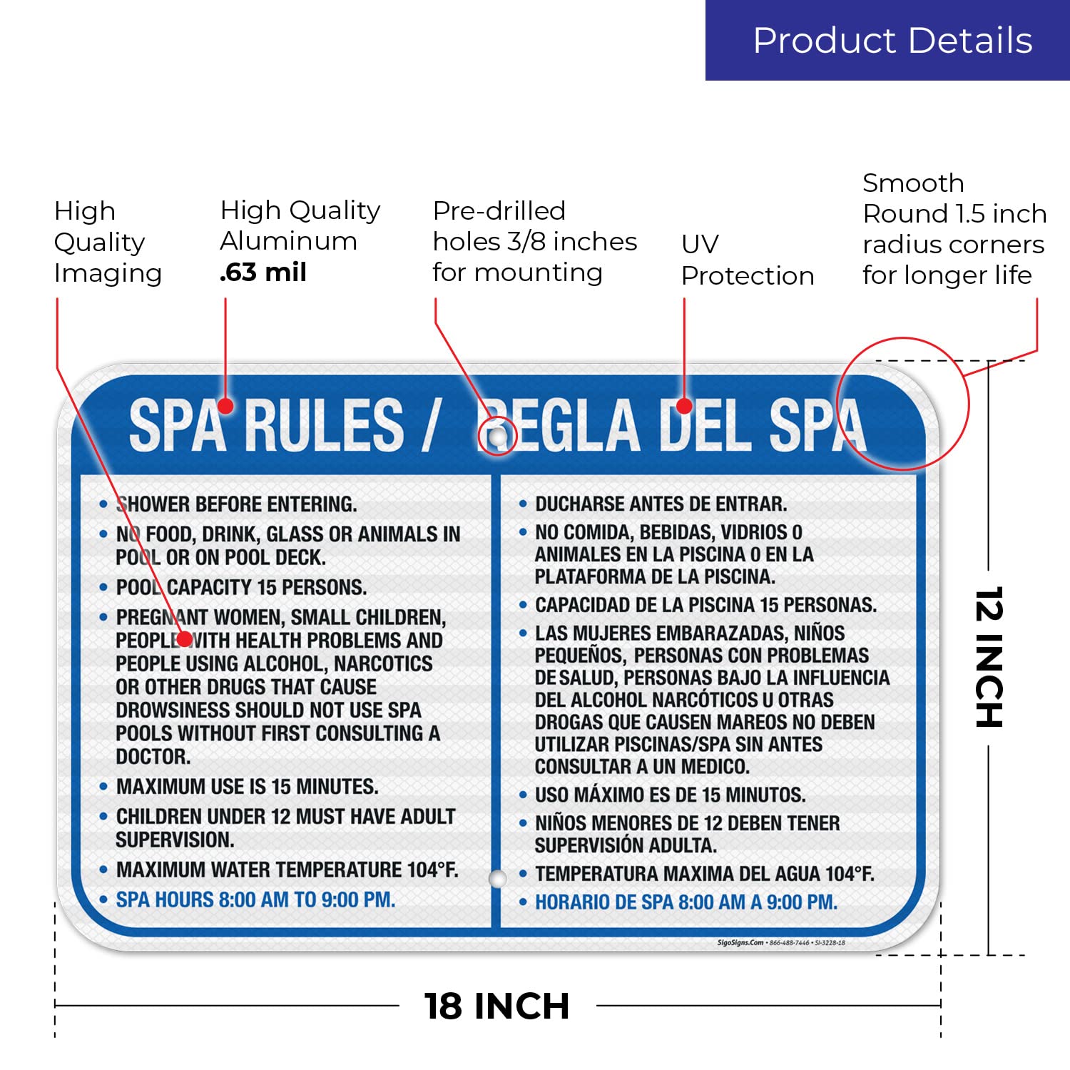 Bilingual English Spanish Spa Rules Sign - 12x18 Inches Reflective Aluminum Sign for Indoor & Outdoor Use | Fade Resistant, Easy Mounting | Perfect for Spas, Gyms, Pools & Public Areas | Made in USA