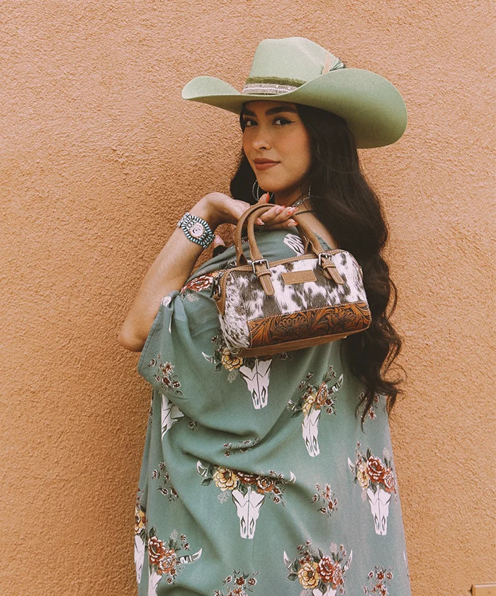 Wrangler Genuine Hair-On Cowhide Barrel Bag - Western Style Leather Crossbody Purse for Women | Perfect for Rodeo, Country Music Festivals & Everyday Use