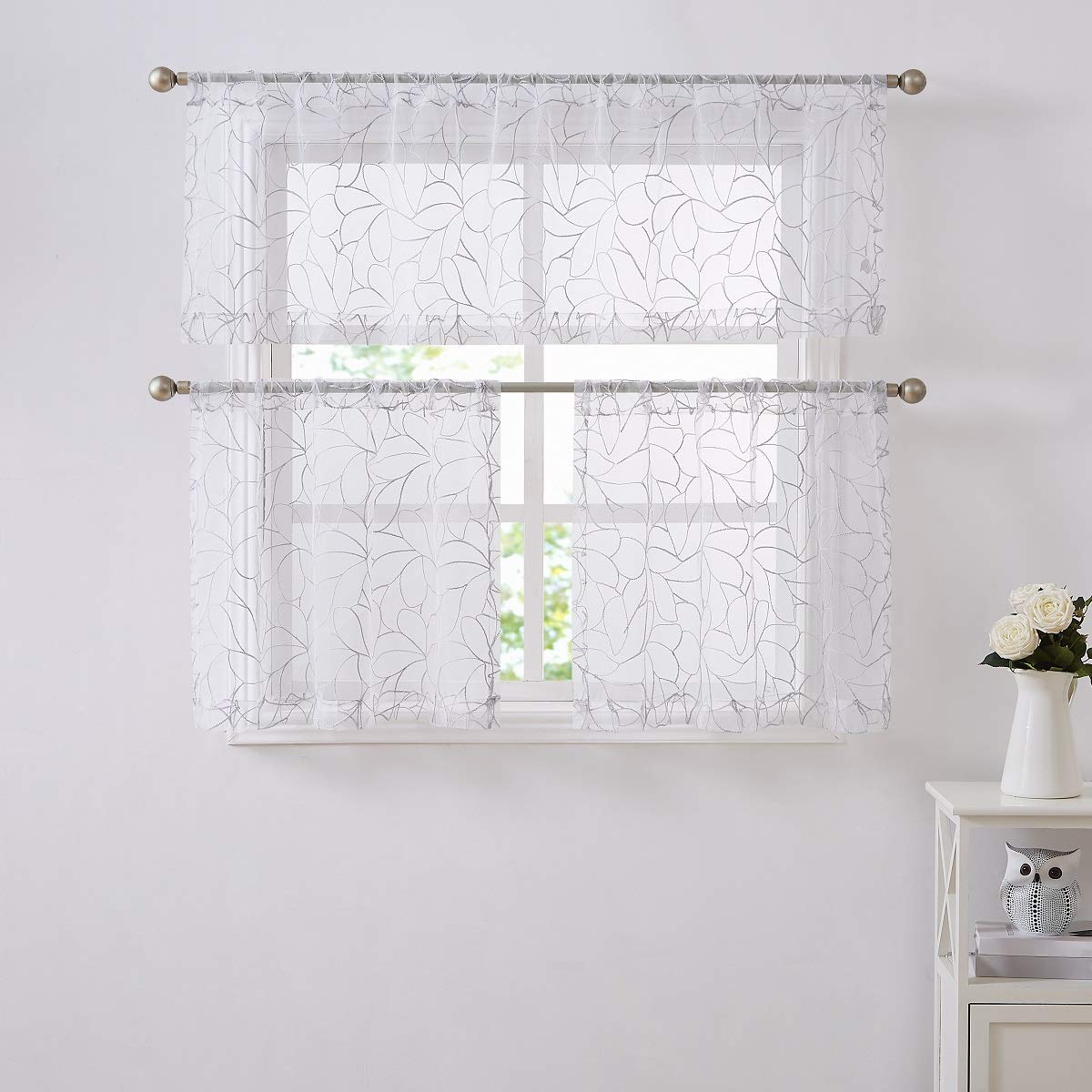 30 x 24 Inch Short White Kitchen Curtains with Silver Grey Thread - Boho Cafe Style Window Treatments for RV, Basement & Bathroom | Warm Home Designs