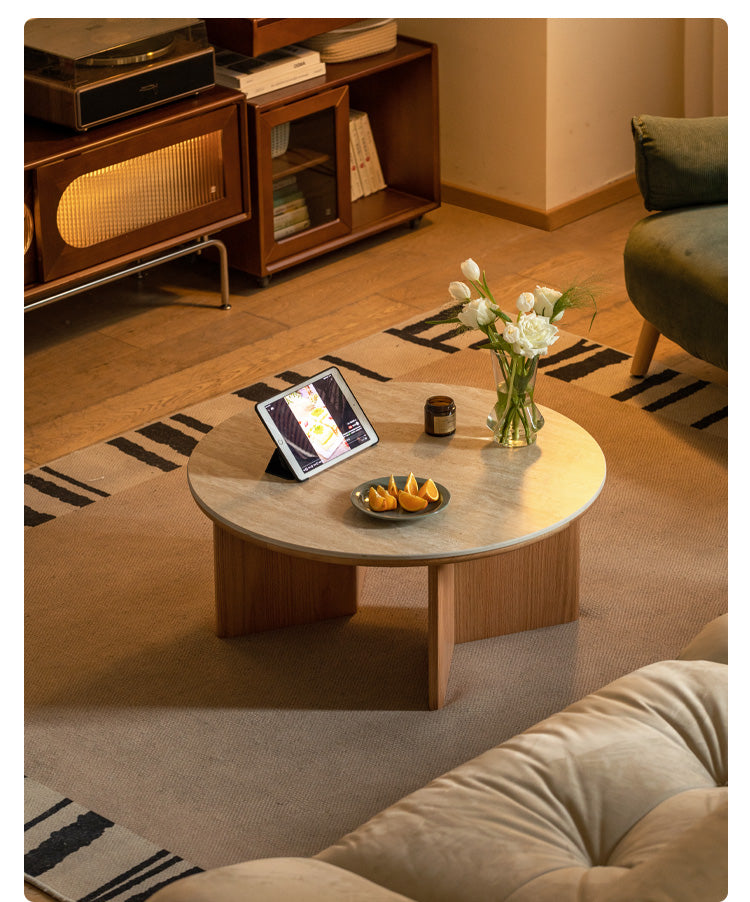 Solid Oak Wood Travertine Coffee Table - Rustic Modern Living Room Furniture for Home Decor & Lounge Use