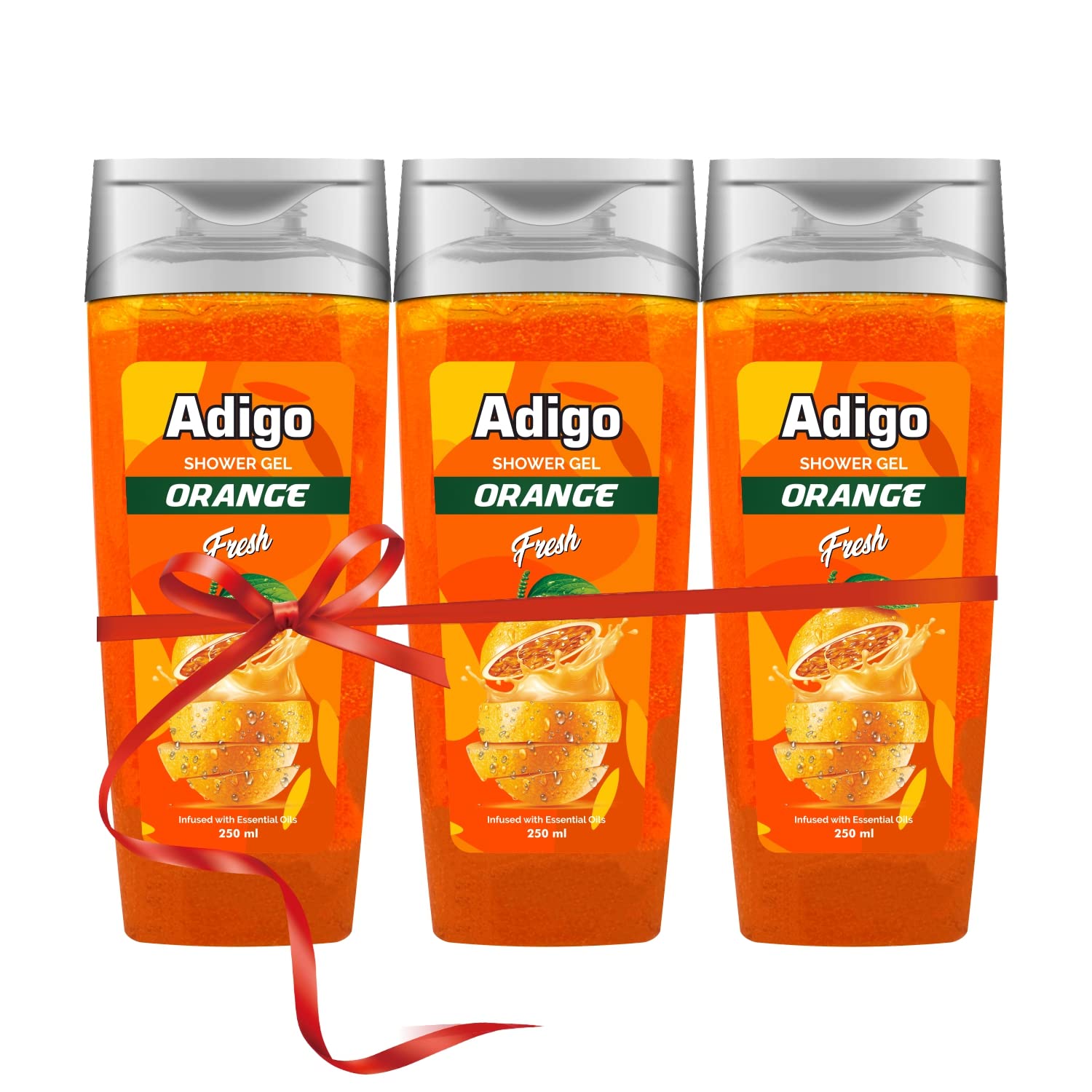 Adigo Shower Gel for Men & Women - Refreshing Orange Scent Body Wash with Essential Oils - Moisturizing & Odor Control Formula - 250ml (Pack of 3) - Perfect for Daily Shower, Gym & Travel