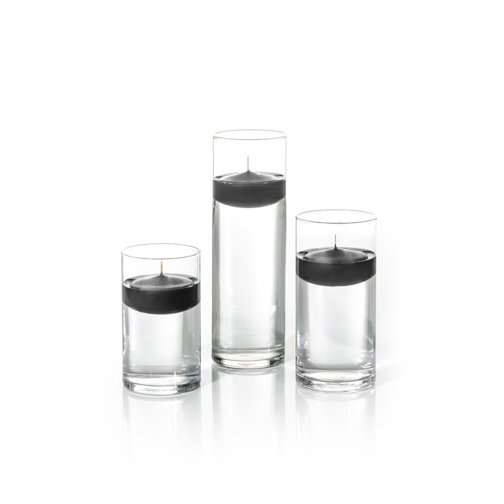 Yummi Set of 18 Floating Candles & Cylinder Vases - Elegant Black Wedding & Home Decor for Romantic Dinner, Spa, Party Centerpieces