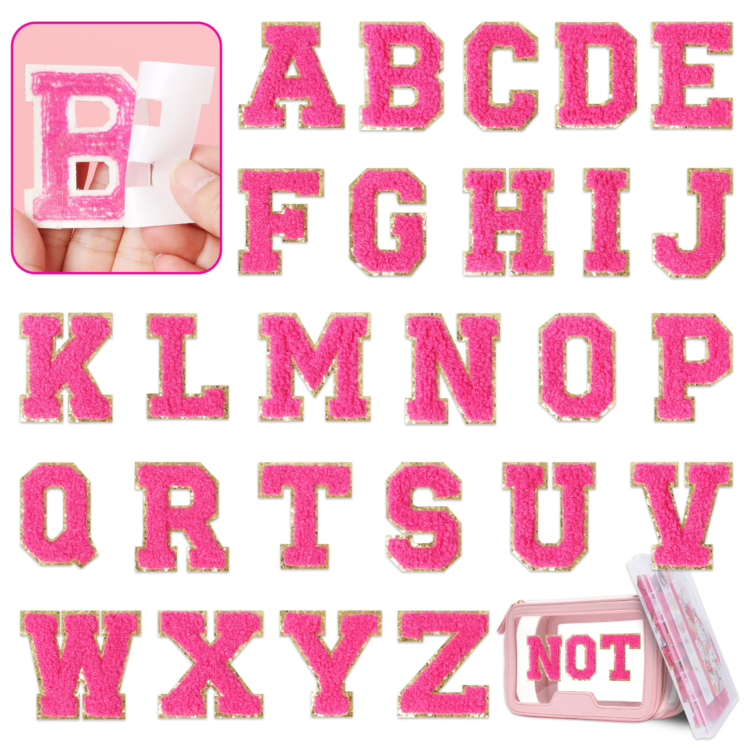 Pink Self-Adhesive Chenille Varsity Letter Patches - Embroidered Iron-On Applique for Jackets, Bags & DIY Crafts (12-Pack) - Perfect for Customizing Denim, Backpacks & School Spirit Wear