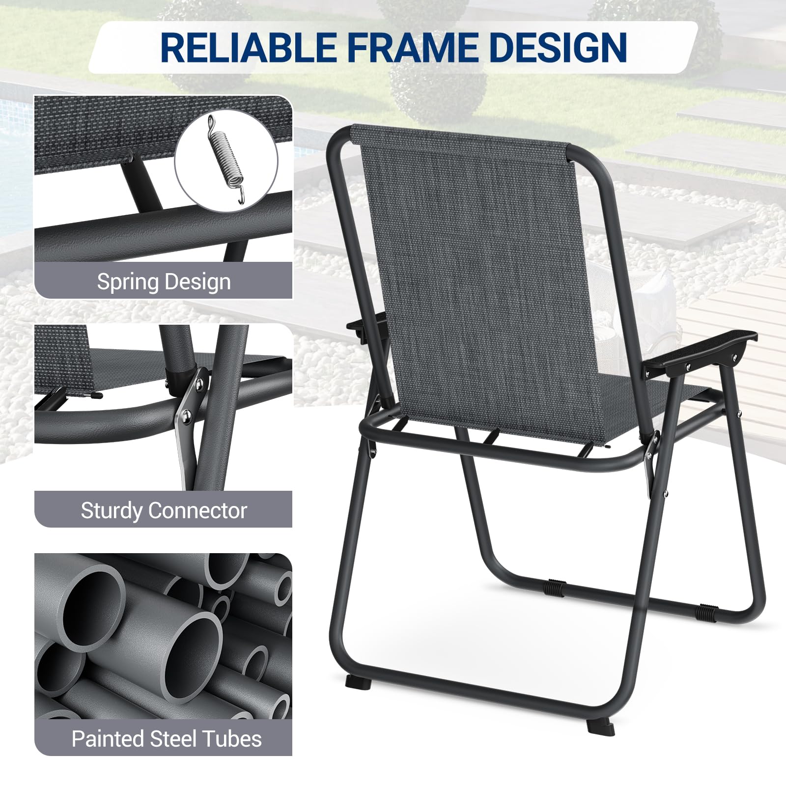 UDPATIO 4-Piece Patio Dining Chair Set - Lightweight Folding Outdoor Chairs with Steel Frame & Weather-Resistant Textilene Fabric (5.7lbs Each, 220lb Capacity) - Grey - Perfect for Backyard, Poolside, Deck, and Garden Relaxation