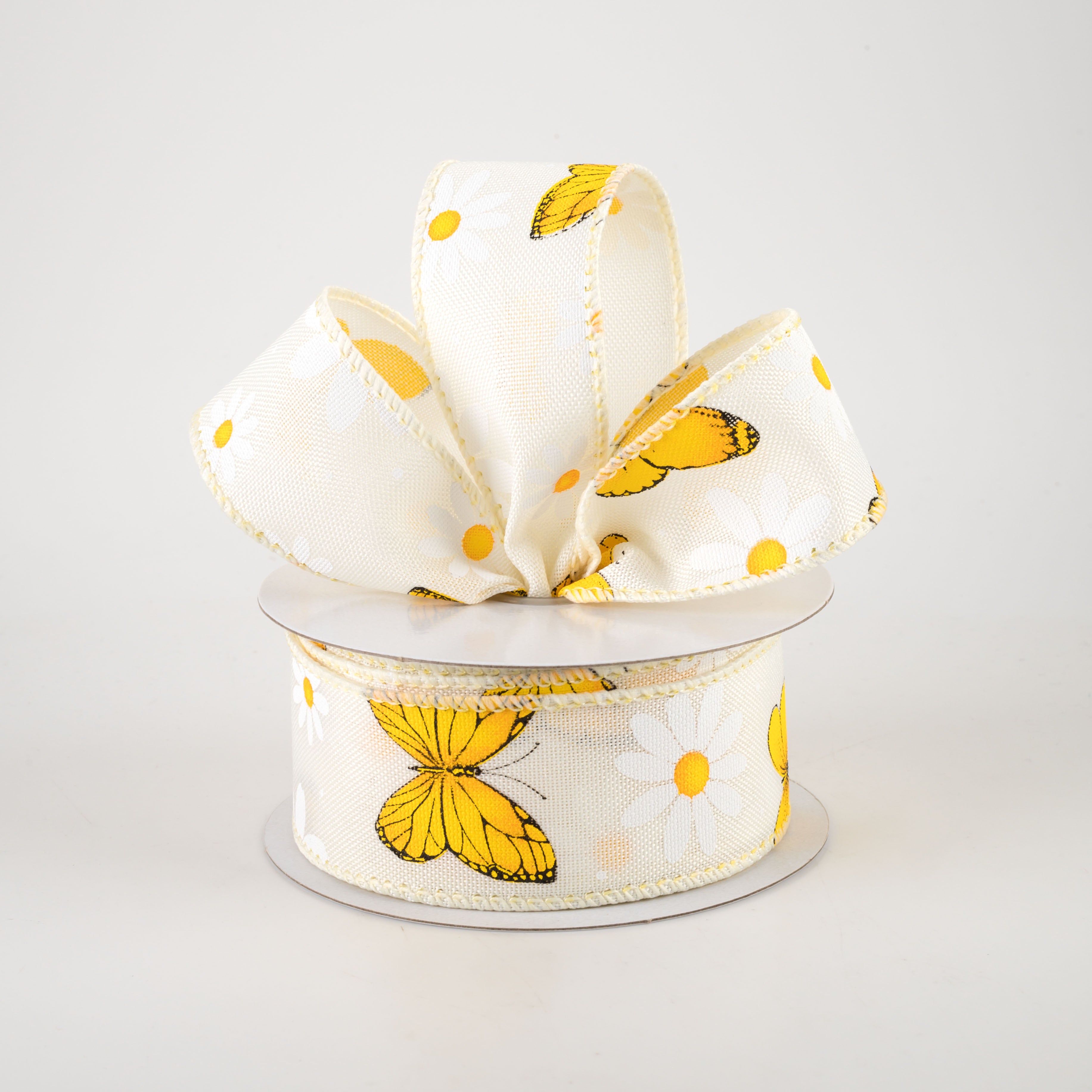 1.5 Inch Daisies & Butterflies Linen Ribbon - Ivory (10 Yards) for DIY Crafts, Gift Wrapping, Scrapbooking & Home Decor