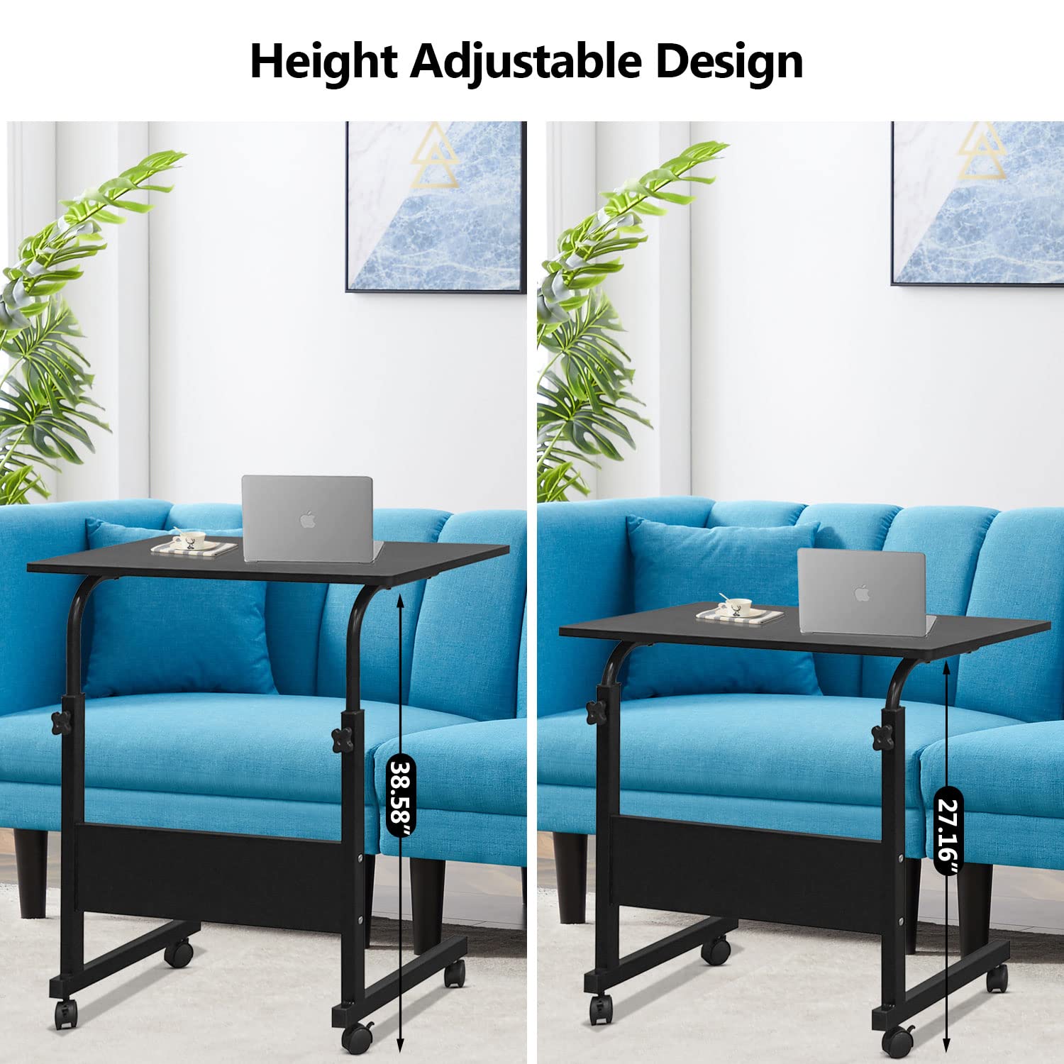 Adjustable Height Mobile Laptop Desk Cart with Wheels - Portable Rolling Laptop Stand for Home Office, Bed, Couch & Sofa - Ergonomic Computer Table with Tray for Work, Study & Relaxation (Black, Small Size)