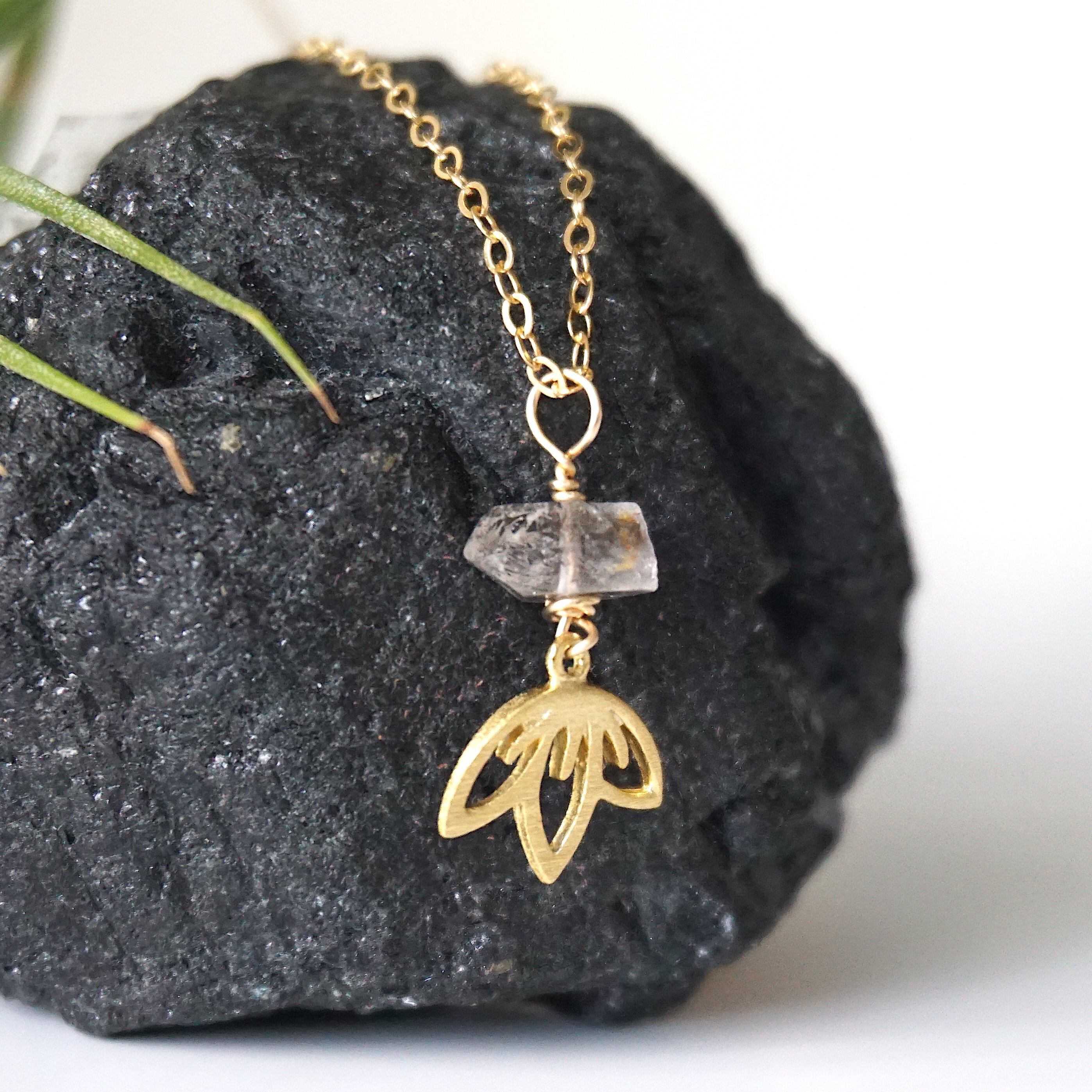 Herkimer Diamond Necklace - 14K Gold Filled Beaded Lotus Charm Pendant Jewelry for Women, Gift for Her, Birthday, Anniversary & Special Occasions