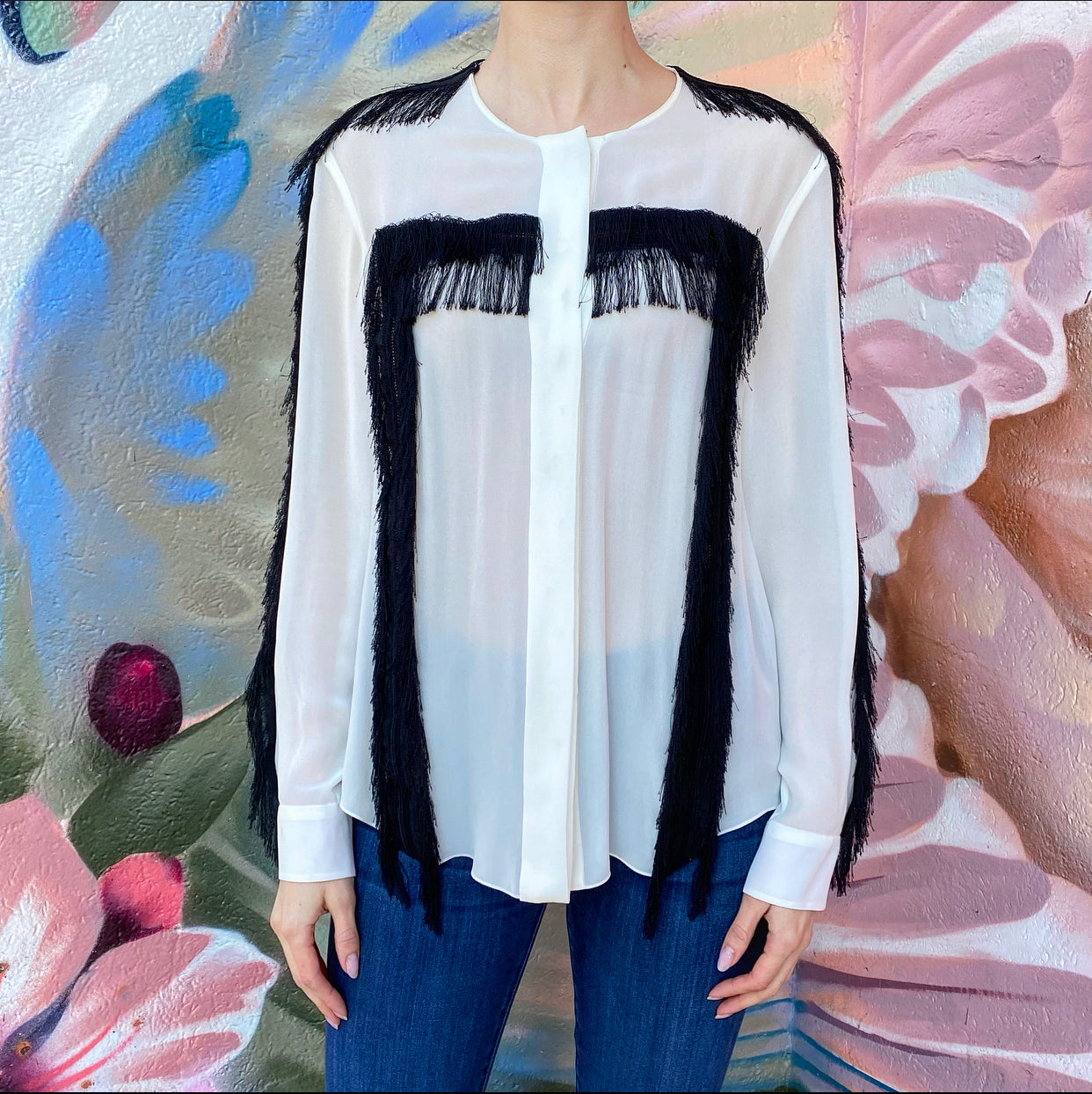 Chloe Ivory Long Sleeve Blouse with Black Fringe Detail - Women's Size FR38 / US6 - Perfect for Office Wear, Date Night & Special Occasions