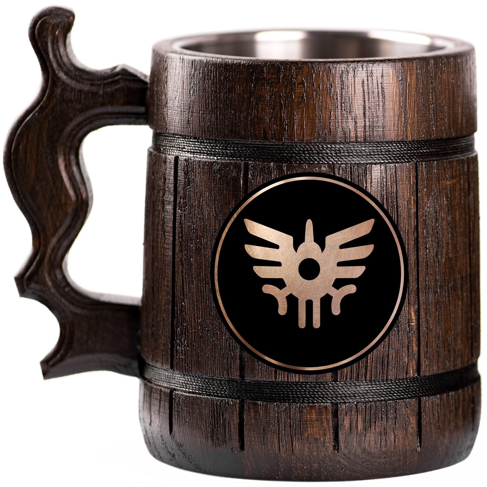 DQ Erdrick's Shield Custom Beer Mug - Personalized Wooden Stein & Tankard - Unique Gamer Geek Gift for Men, Dad, Father - Anniversary, Birthday & Wedding Present - Perfect for Gaming Parties, Medieval Themed Events & Beer Enthusiasts