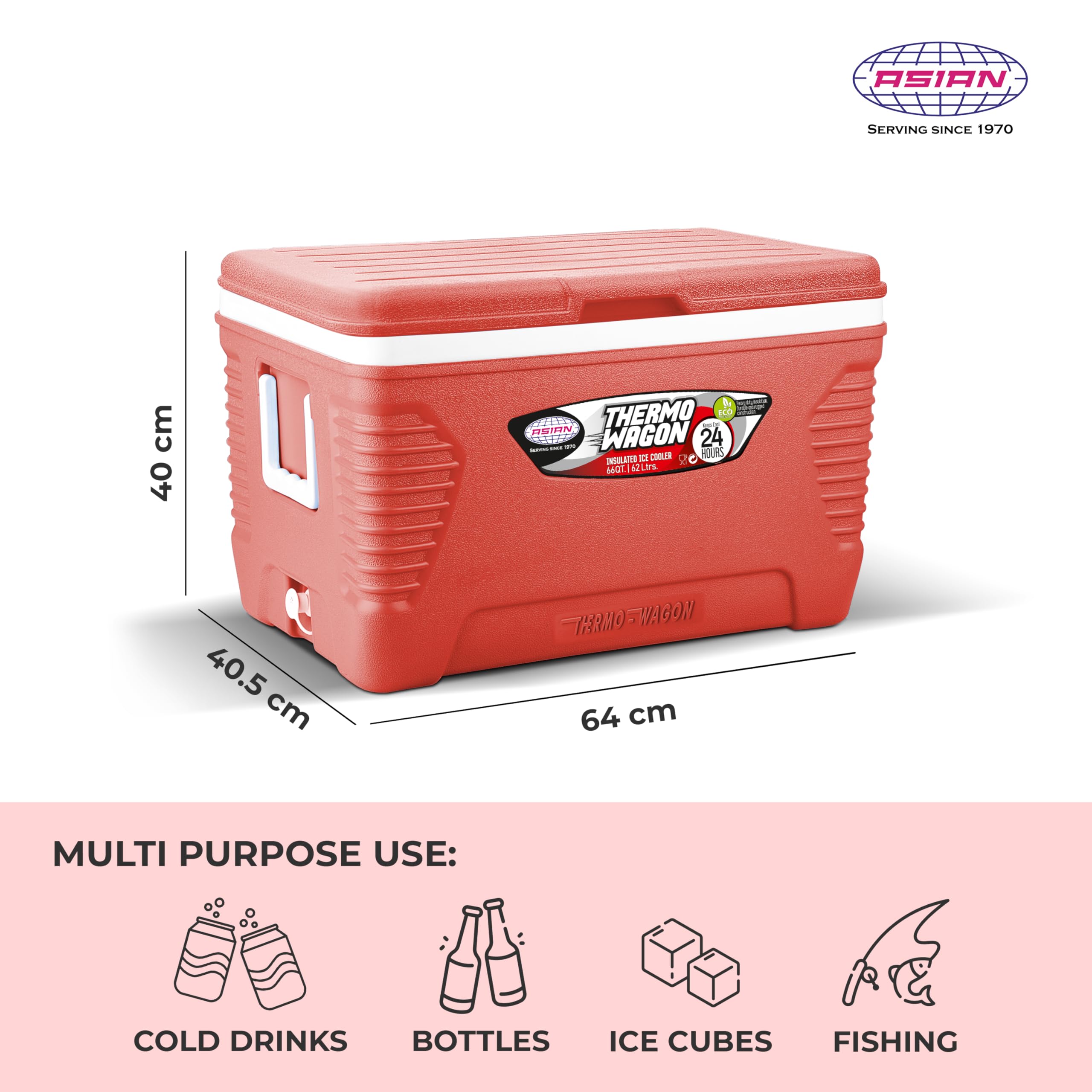 Asian Plastowares - Thermowagon Star 62L Insulated Cooler for Drinks | Portable Ice Chest for Parties, Travel & Medical Use | Keeps Beverages, Cans & Ice Cubes Cold | Red Standard Size Cooler Box for Outdoor Activities & Picnics